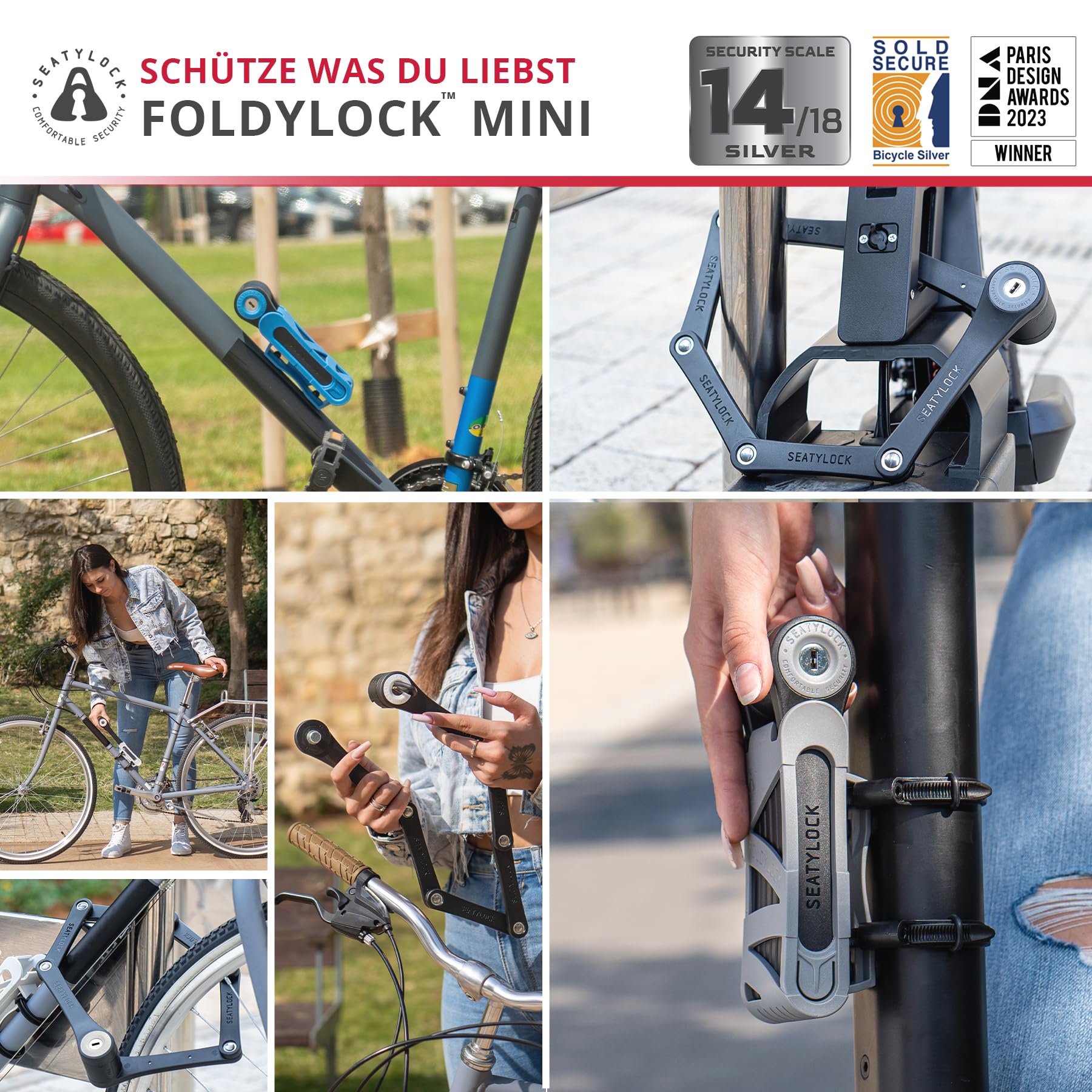 FoldyLock Mini Faltschloss mit Schlüssel - Patentiertes Testsieger Fahrradschloss mit Halterung für hohe Sicherheit - Starkes und Leichtes Fahrrad Schloss für City Bikes und e Scooter - 75 cm