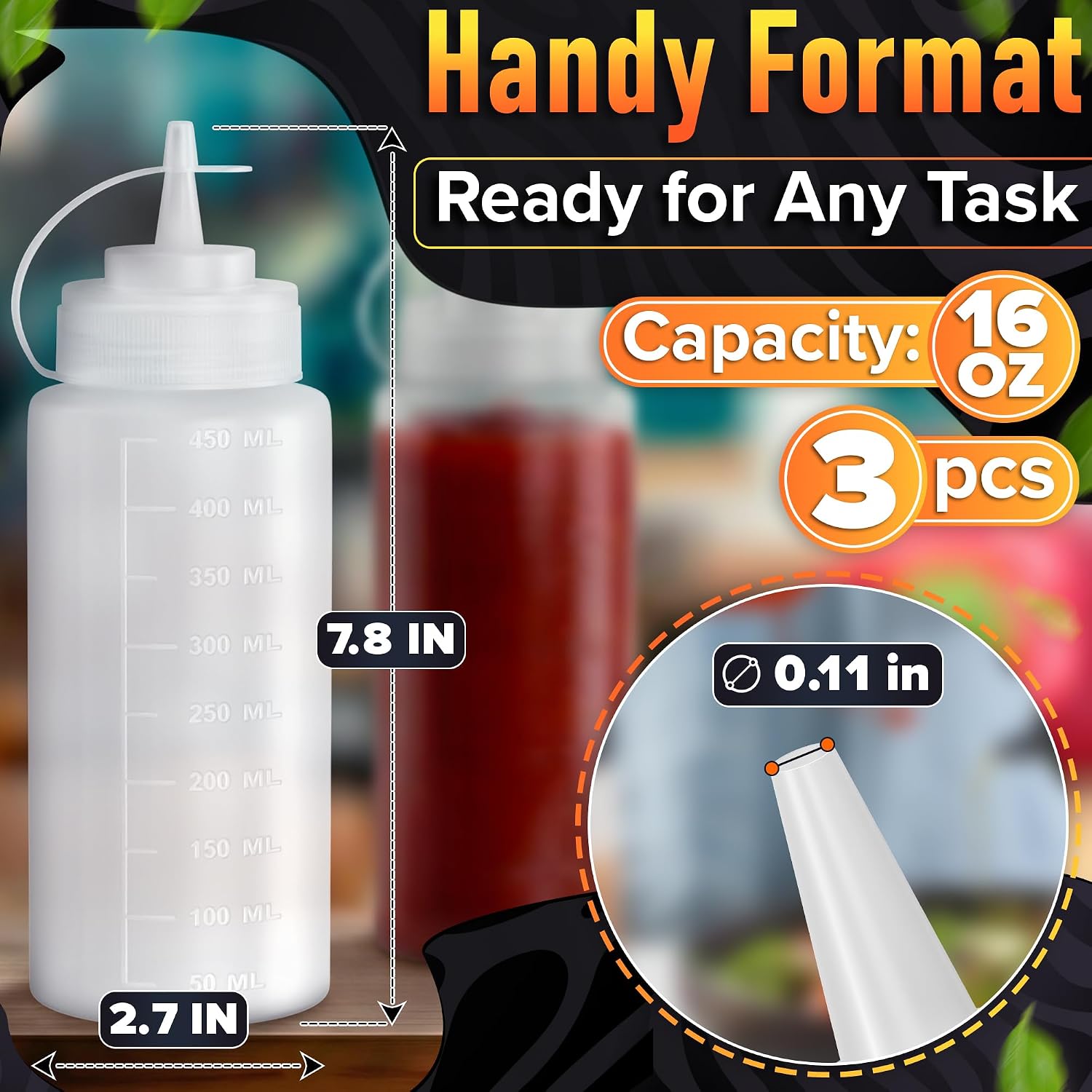BURIUS 3-Pack 16 oz Squeeze Bottles for Sauces, Oil Squeeze Bottle Set image 2