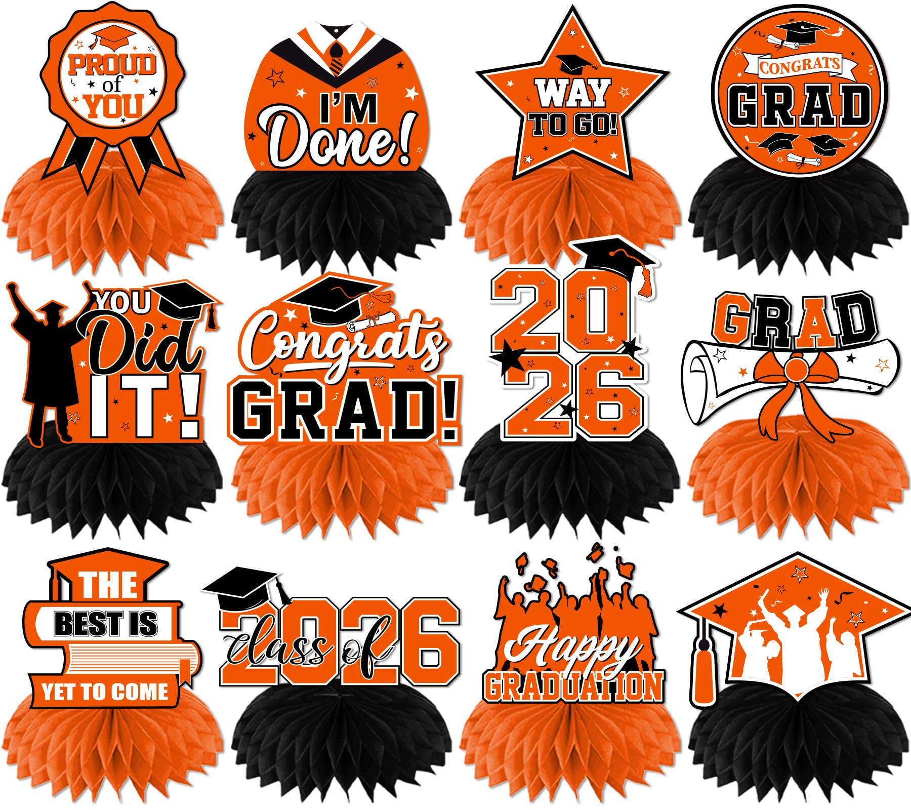 Photo 1 of 12Pcs Orange and Black Graduation Decorations Honeycomb Centerpieces, Class of 2026 Graduation Centerpieces for Tables Orange and Black Congrats Grad Graduation Table Decorations Table Toppers