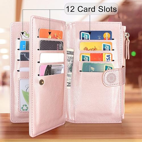 Miniatura 4 de Harryshell - Funda de piel magnética, desmontable con cremallera, bolsillo para monedas y efectivo, 12 ranuras para tarjetas, correa de muñeca, para