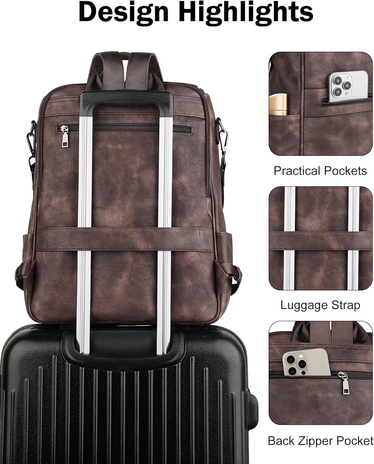 FADEON Laptop Backpack for Women Leather Travel Backpack with Laptop Compartment, Designer Ladies Computer Backpacks Coffee - Image 7