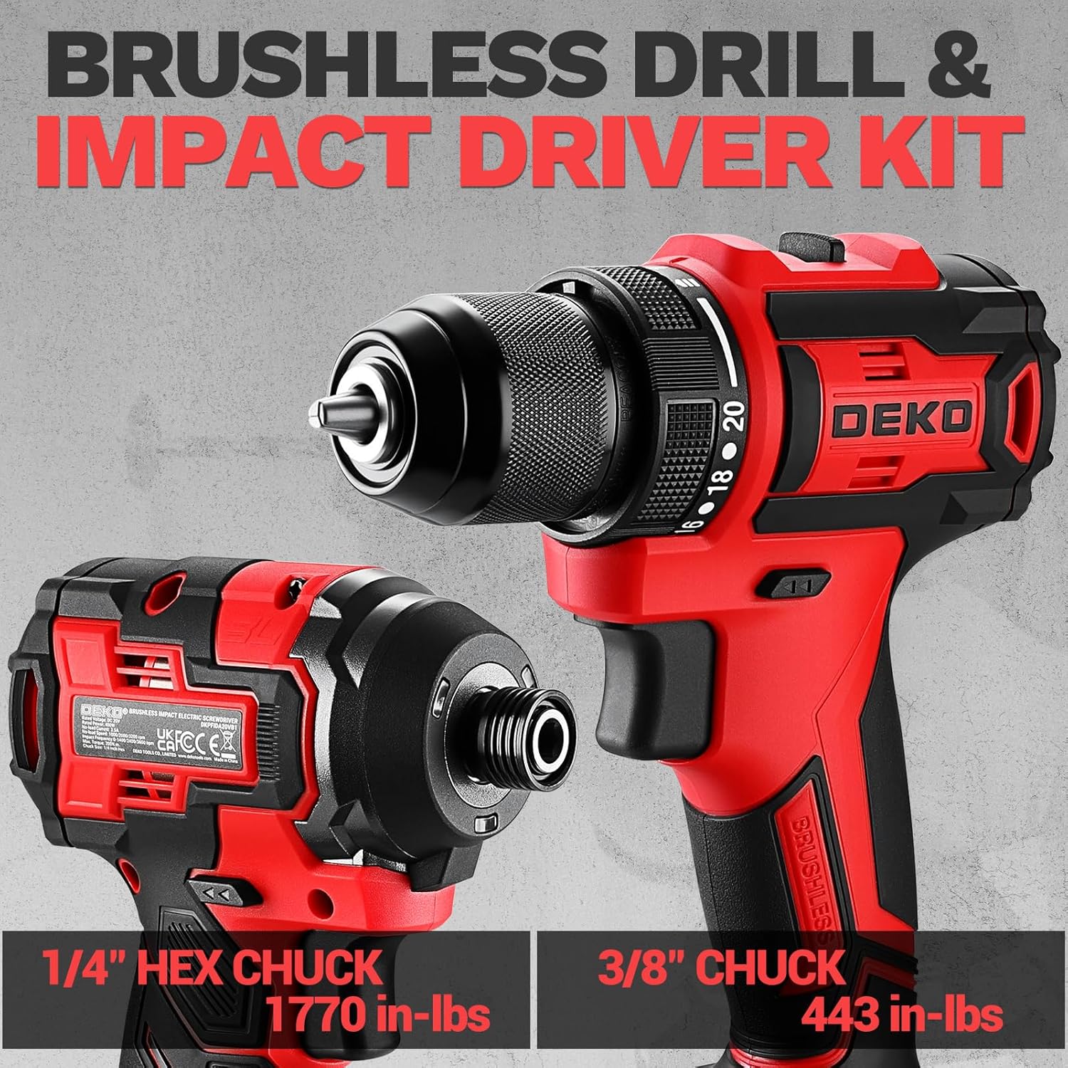 Cordless Drill & Impact Driver: DEKOPRO 20V Brushless Power Drill and 20V Brushless Impact Driver Set, Power Tool Set with 2x2.0Ah Batteries, Charger, Bag & 52xAccessories-Red