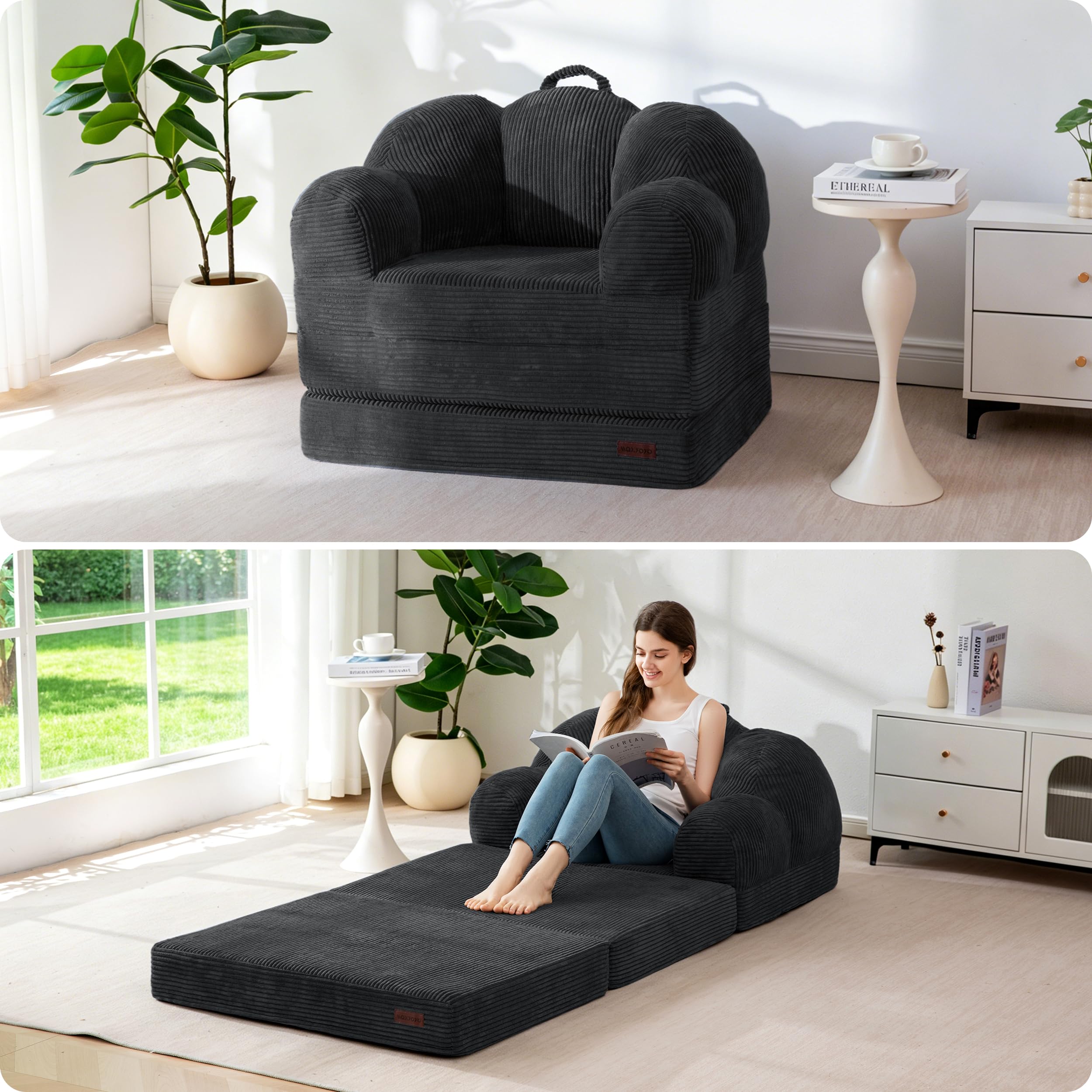 MAXYOYO Folding Sofa Bed with Backrest, Floral Shaped 2 in 1 Convertible Sofa to Comfy Faux Fur Bean Bag Chair for Adults, Floor Sleeper Couch Chair with Handle, Couch Bed for Bedroom & Living Room — image 1
