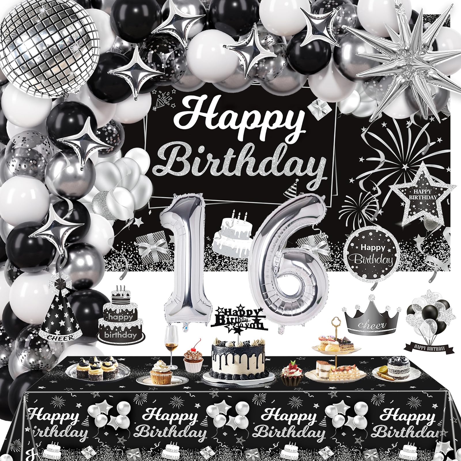 Miidenks 16th Birthday Decorations Set for Boy Girl,Black Silver Happy 16 Birthday Party Supplies with Birthday Backdrop Banner Birthday Tablecloth 16