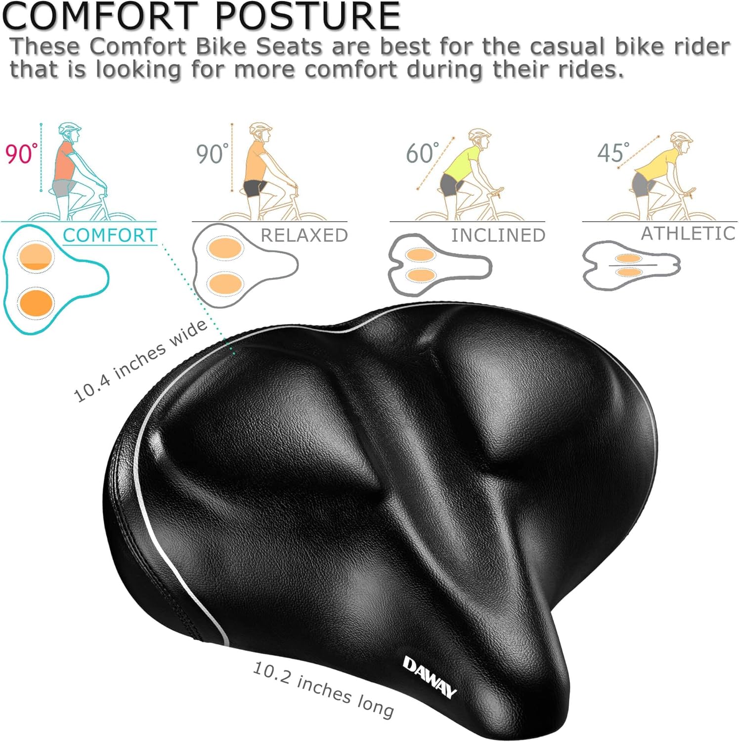 DAWAY C40 Ultra Comfortable Oversized Bike Seat - Memory Foam Padded, Extra Wide Bicycle Saddle, Ergonomic Replacement Cushion for Men Women - Fits for Peloton, Cruiser, Mountain, Road, Exercise Bikes