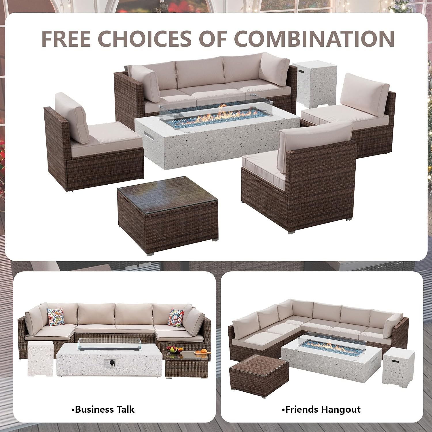 8 Piece Patio Furniture Set - Outdoor Conversation Sets with 56" Fire Table and Coffee Table, Rattan Modular Sofa Set for Garden/Poolside, Beige/Brown