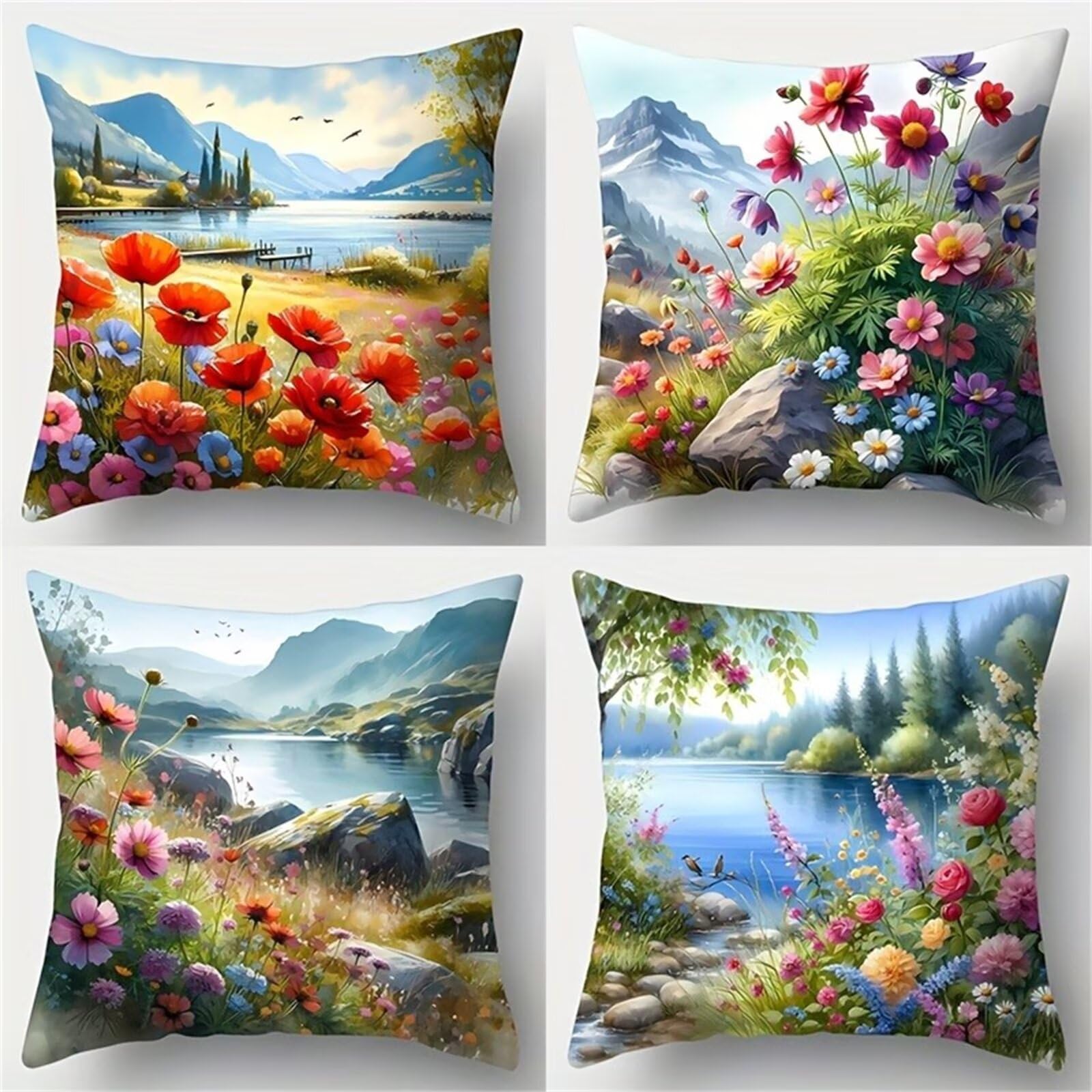 Heaen Outdoor Cushions Covers Waterproof 55x55 cm Set of 4 Square Linen Pillow Cases Flowers Rivers Scenery Decorative Dushions for Sofa Porch Patio Home Decor
