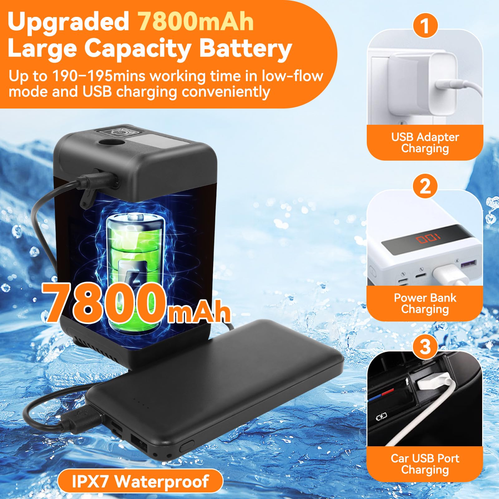 Douche de camping portable, 7800 mAh rechargeable avec chauffage, écran LED intelligent, étanchéité IPX8, idéale pour le camping en plein air, les voyages, le lavage de voiture, le bain des