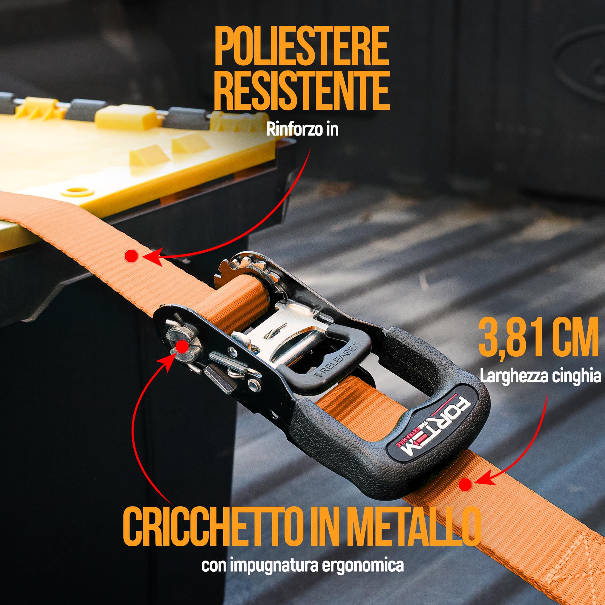 FORTEM Cinghie a Cricchetto, Resistenza fino a 2362 Kg, Set da 4 Cinghie di Fissaggio da 3,05 m, 4 Maniglie Morbide, Cinghie Fissaggio per Moto, Ganci in Metallo Rivestiti, Custodia Inclusa (Arancia)