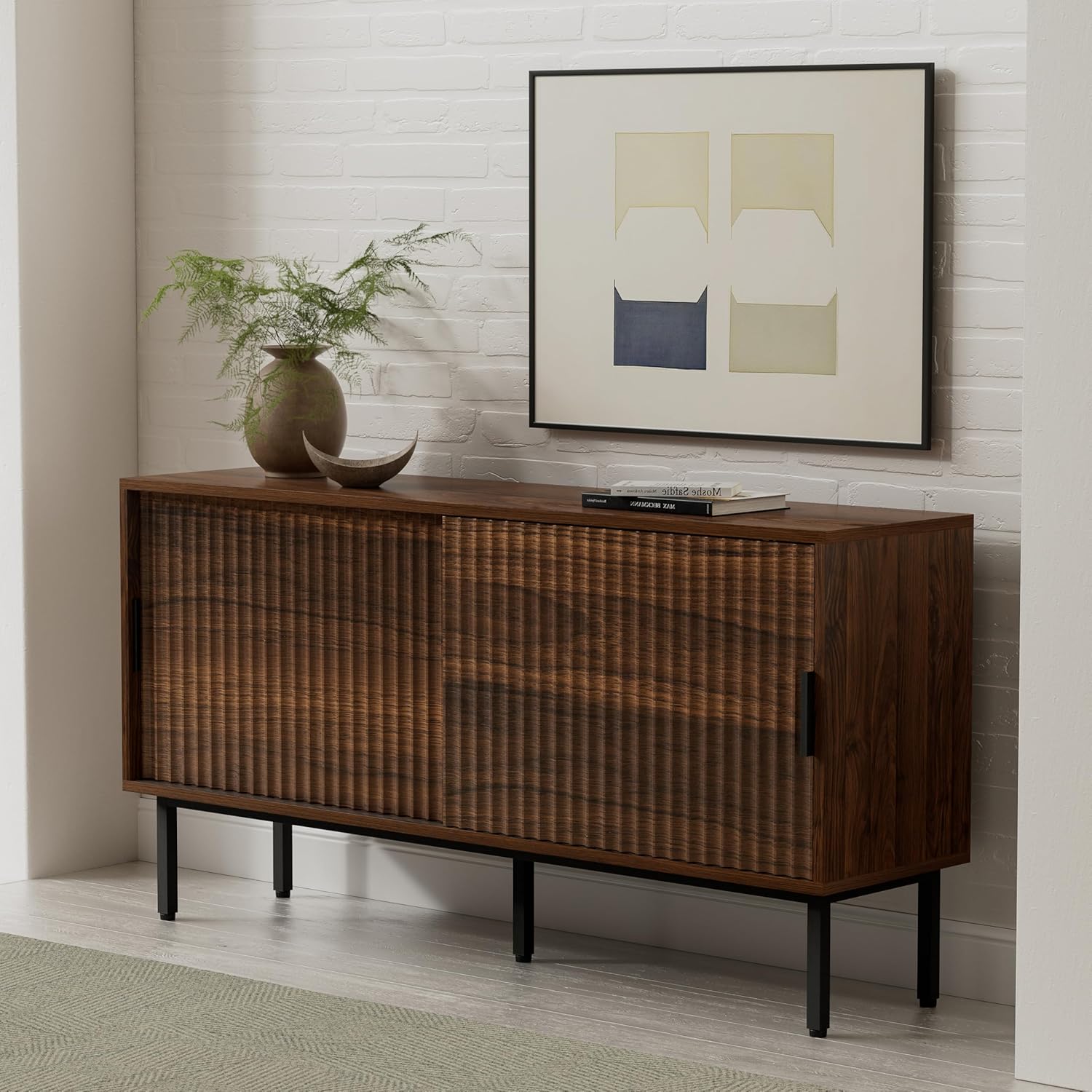 TV Stand for Living Room Farmhouse Entertainment Center with Fluted Sliding Doors TV Console Cabinet with Adjustable Shelf and Storage Media Console, Brown