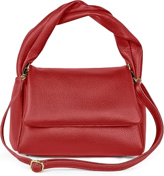 Italian Calf Leather Top-Handle Bag for Women with Zipper Magnetic Flap & Twisted Handle | Crossbody Shoulder Purse Red