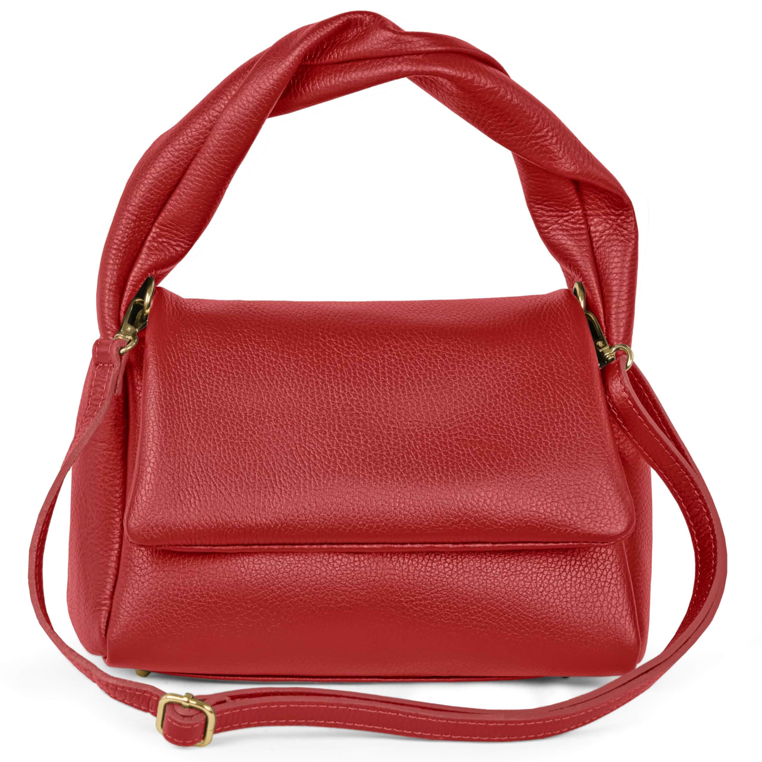 Italian Calf Leather Top-Handle Bag for Women with Zipper Magnetic Flap & Twisted Handle | Crossbody Shoulder Purse (Red)