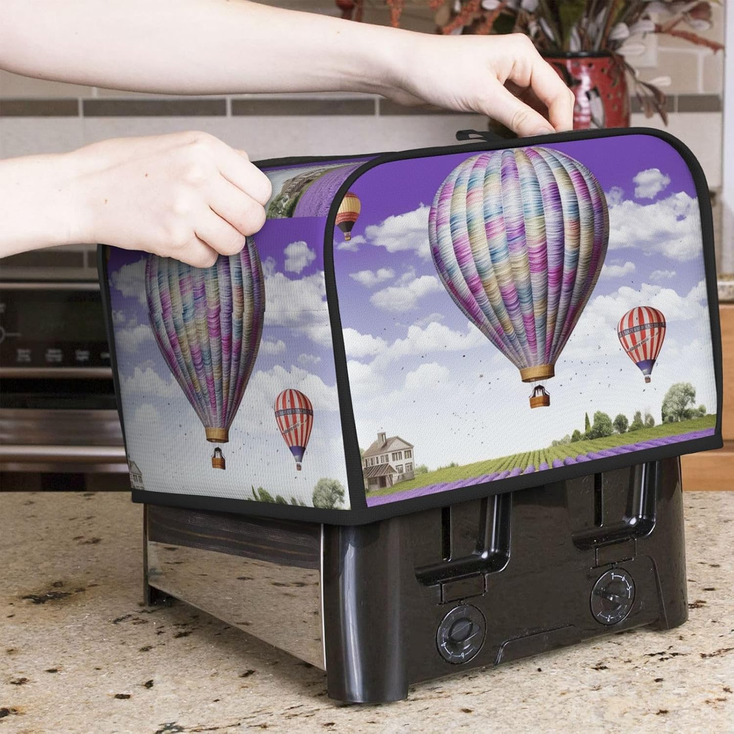 Lavender Hot Air Balloon Toaster Cover 4 slice Kitchen Small Appliance Covers with Pockets Toaster Dust Cover with Top Handle Oven Cover Washable Universal Bread Maker Cover for Kitchen