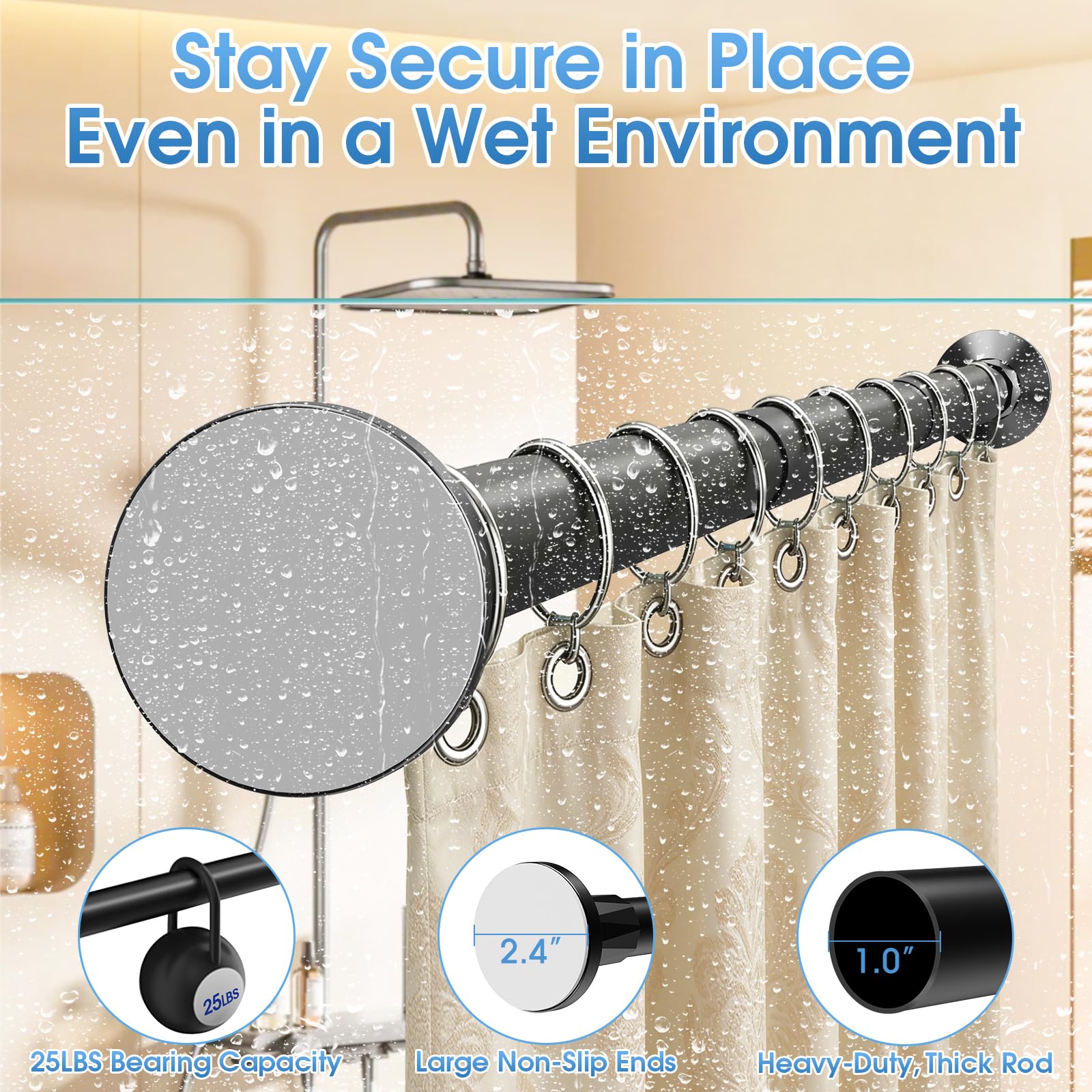 TasticTotes TasticTotes Shower Curtain Rod 30-64 Inch, 1" Diameter Adjustable Spring Tension Rod No Drill Required, Rustproof Stainless Steel, Anti-Slip Bathroom Rod, Black, Matte Finish in use