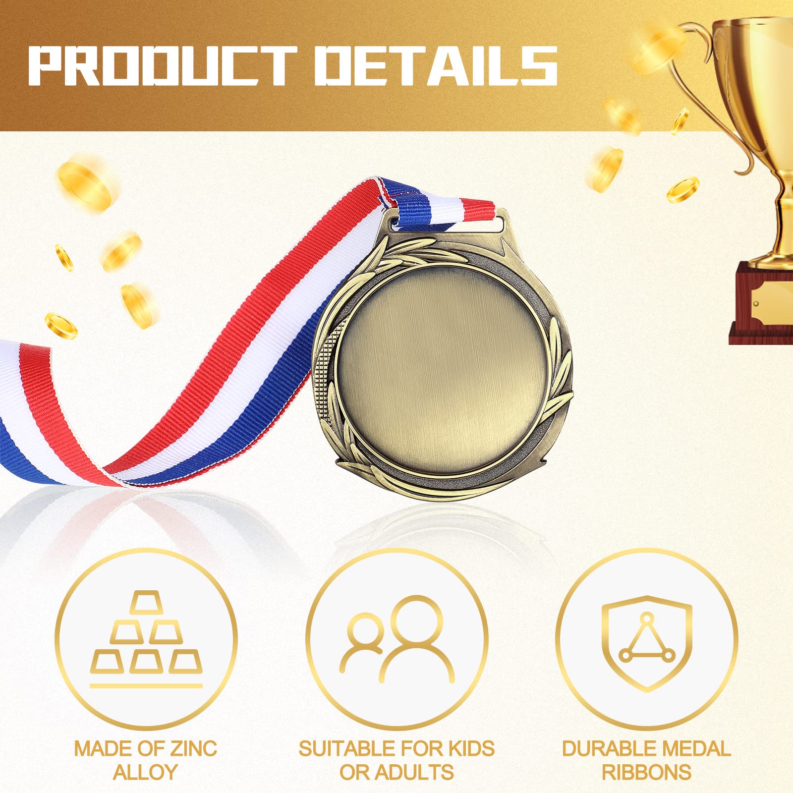 Sasylvia Medallas de premio en blanco con cintas para el cuello, kit de medallas de animación, medallas de ganador, trofeo de participación, regalos de metal para partido de fútbol (bronce, trigo, 60