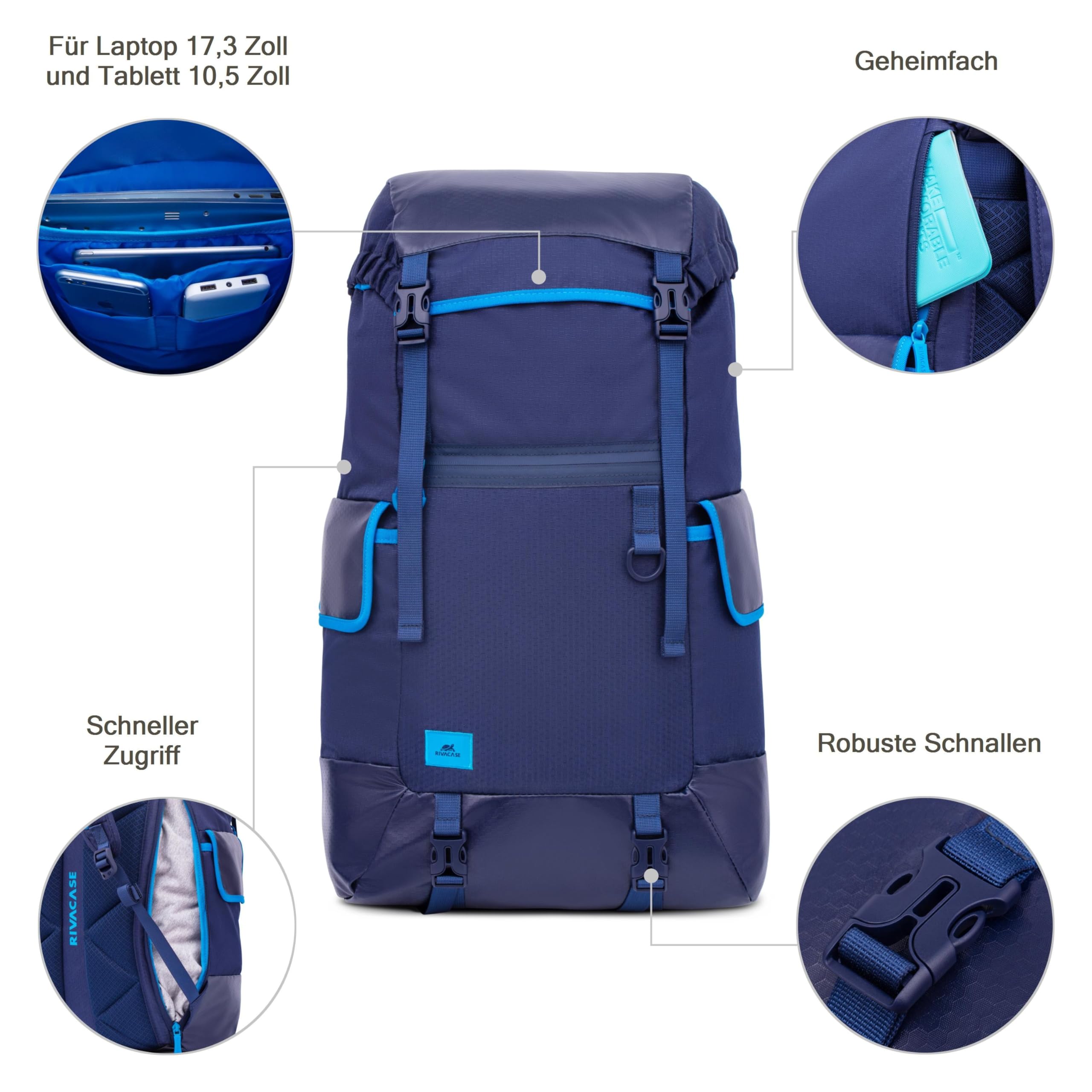Rivacase 5361 - Zaino per computer portatile da 17,3", 30 l, con tracolla, luce riflettente, tasche nascoste, zaino unisex universitario studente, zaino per computer portatile