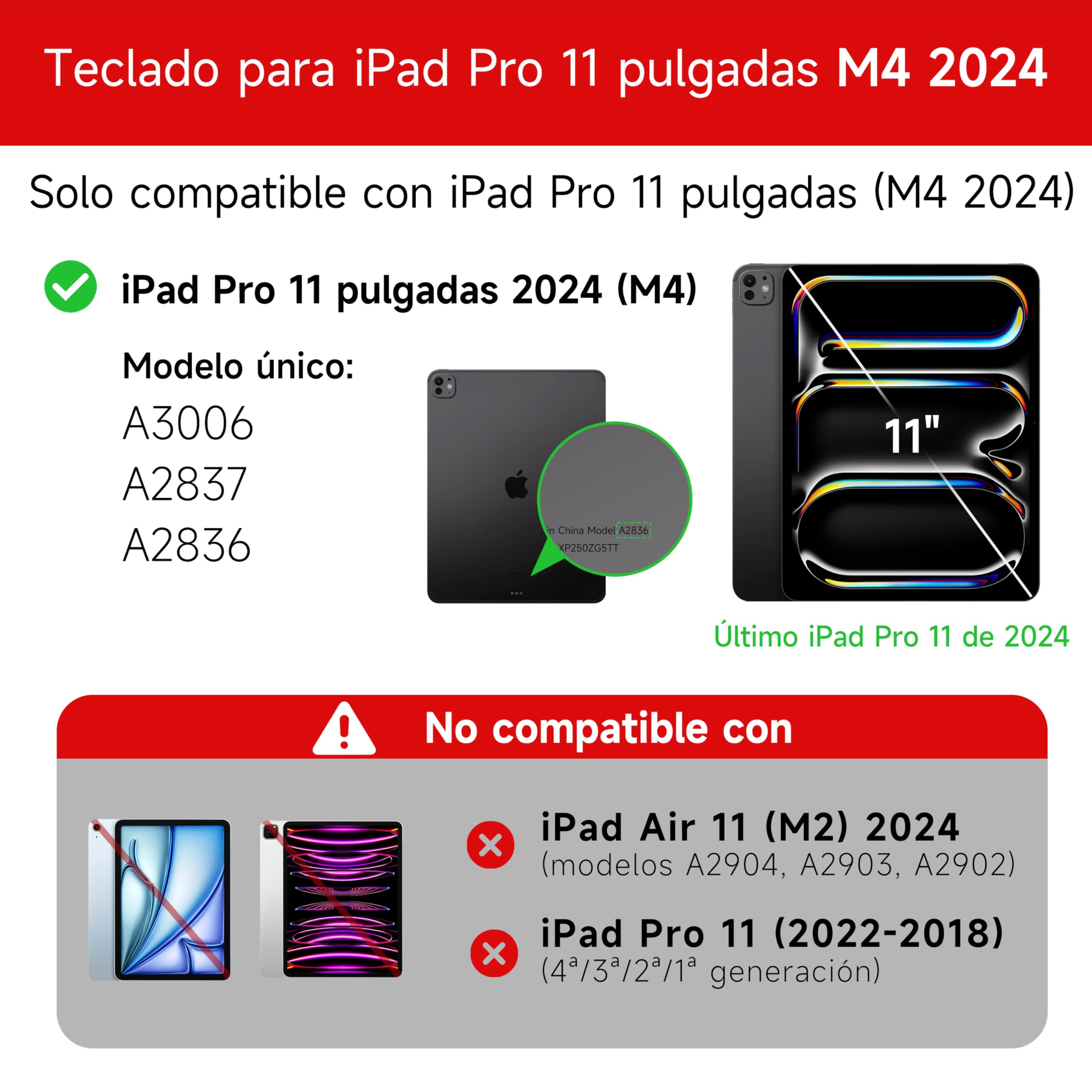 HOU Teclado para iPad Pro de 11 Pulgadas (M5/M4 2025), Funda con Teclado para iPad Pro 2025 de 11” con Trackpad Multitáctil, Retroiluminación de 7 Colores, Soporte Magnético,Español, QWERTY-Negro