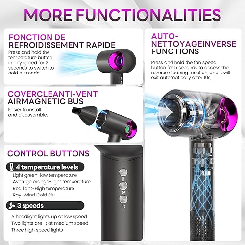Miniatura 7 de Secador de pelo, secador de pelo iónico de alta velocidad de bajo ruido con difusor para secado rápido, secador de pelo profesional con control