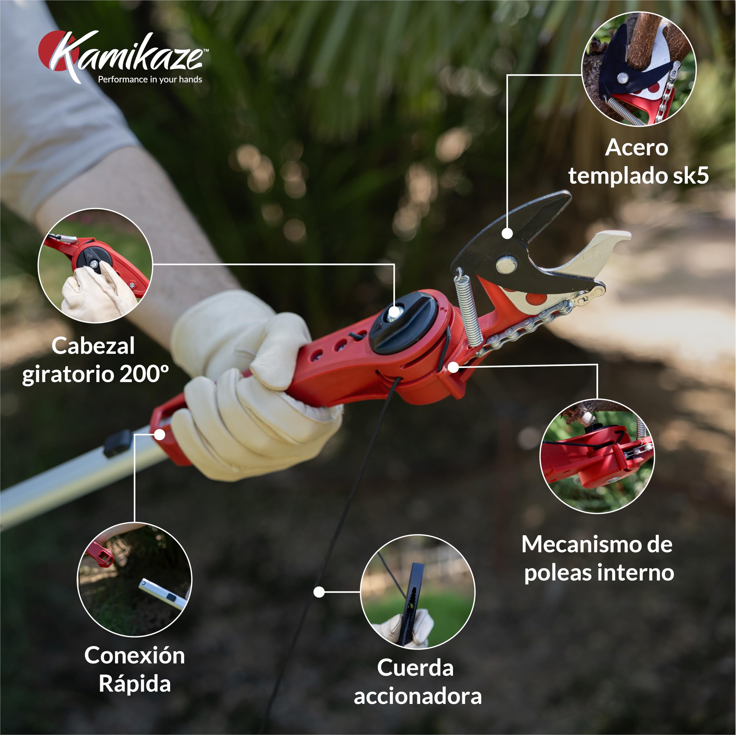 Kamikaze Kit de poda en altura 3 en 1 con pértiga telescópica 6m (3 tramos de 2m), tijera bypass MT-63 y serrucho MT-330 intercambiables, cabezal giratorio 200º, corte ramas hasta 80mm, hoja SK5