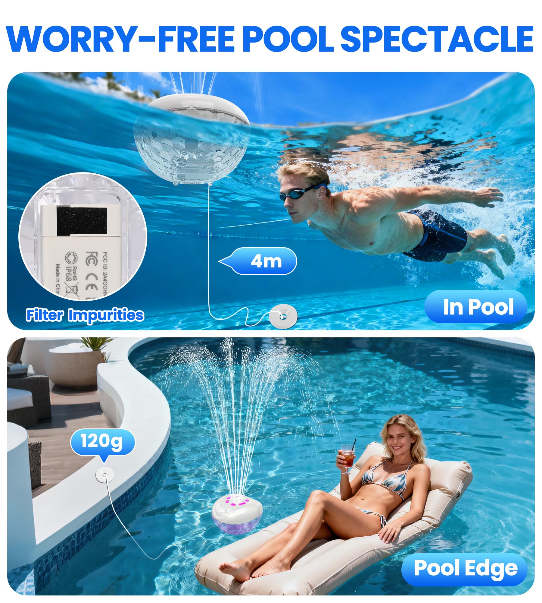 Luxfero 3 in 1 Altoparlante per Piscina con Fontana & Luminosa,Altoparlante Bluetooth Piscina,Cassa Bluetooth Impermeabile IP68,BT5.4,Suono Stereo Altoparlante Bluetooth Potente,Fontana per Piscina