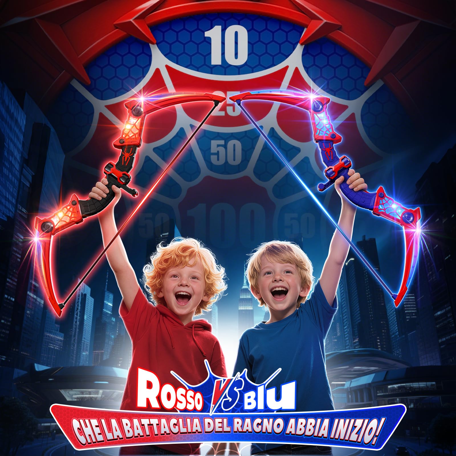 Giocattoli per 3-12 Anni Bambino, 2 Arco e Freccia Ragno con Luci LED Rosse e Blu, Bersaglio a Forma, 2 Ragno Faretre, Gioco Bambino 3-9, Giochi Bambini Regalo Bambino 3 4 5 6 7 8 9 10 Anni Maschio