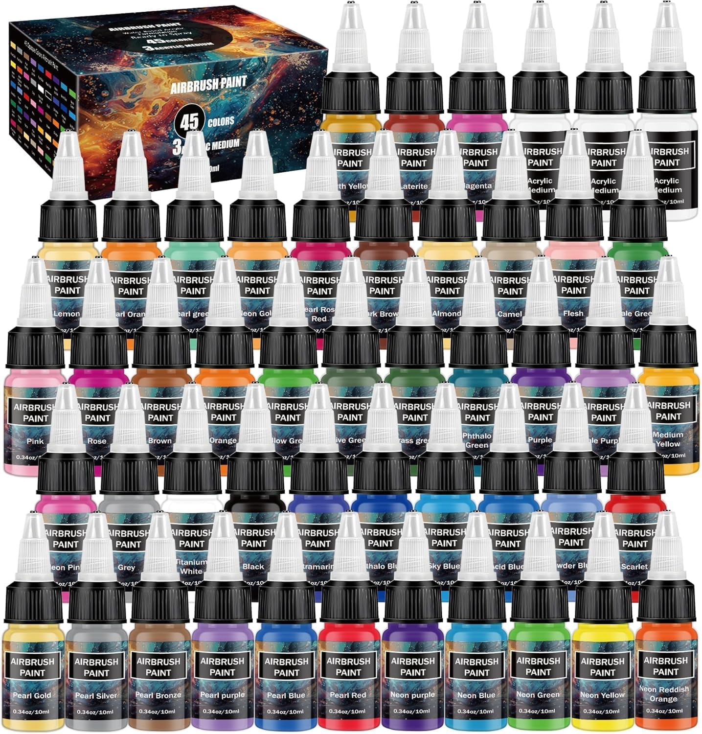 Airbrush Paint - 45 Colors Airbrush Paint Set with 3 Tinner, Plastic & Wood Acrylic Air brush Paint Kit Ready to Spray, Water-Based for Artists Beginners Hobbyist, 0.34 Fl Oz/10ml - 48 Bottles