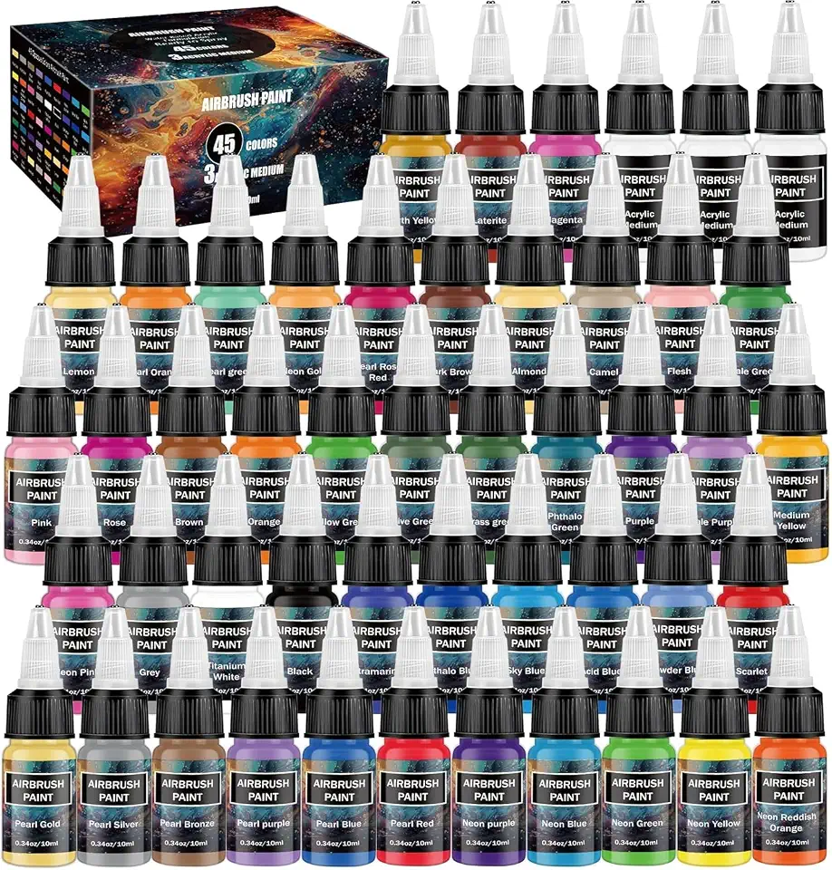 Tinta para aerógrafo - Conjunto de tinta de aerógrafo de 45 cores com 3 estanhos, kit de tinta acrílica de plástico e madeira pronto para pulverizar, à base de água para artistas iniciantes amadores