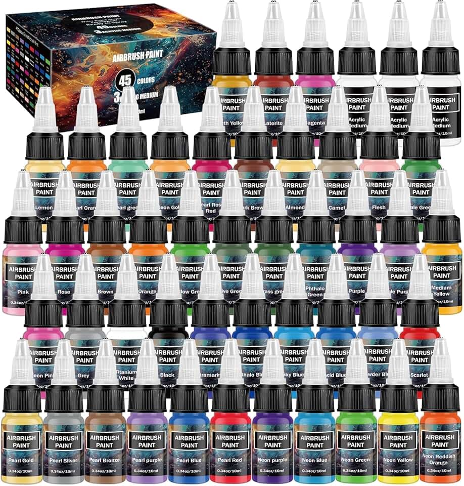 Tinta para aerógrafo - Conjunto de tinta de aerógrafo de 45 cores com 3 estanhos, kit de tinta acrílica de plástico e madeira pronto para pulverizar, à base de água para artistas iniciantes amadores
