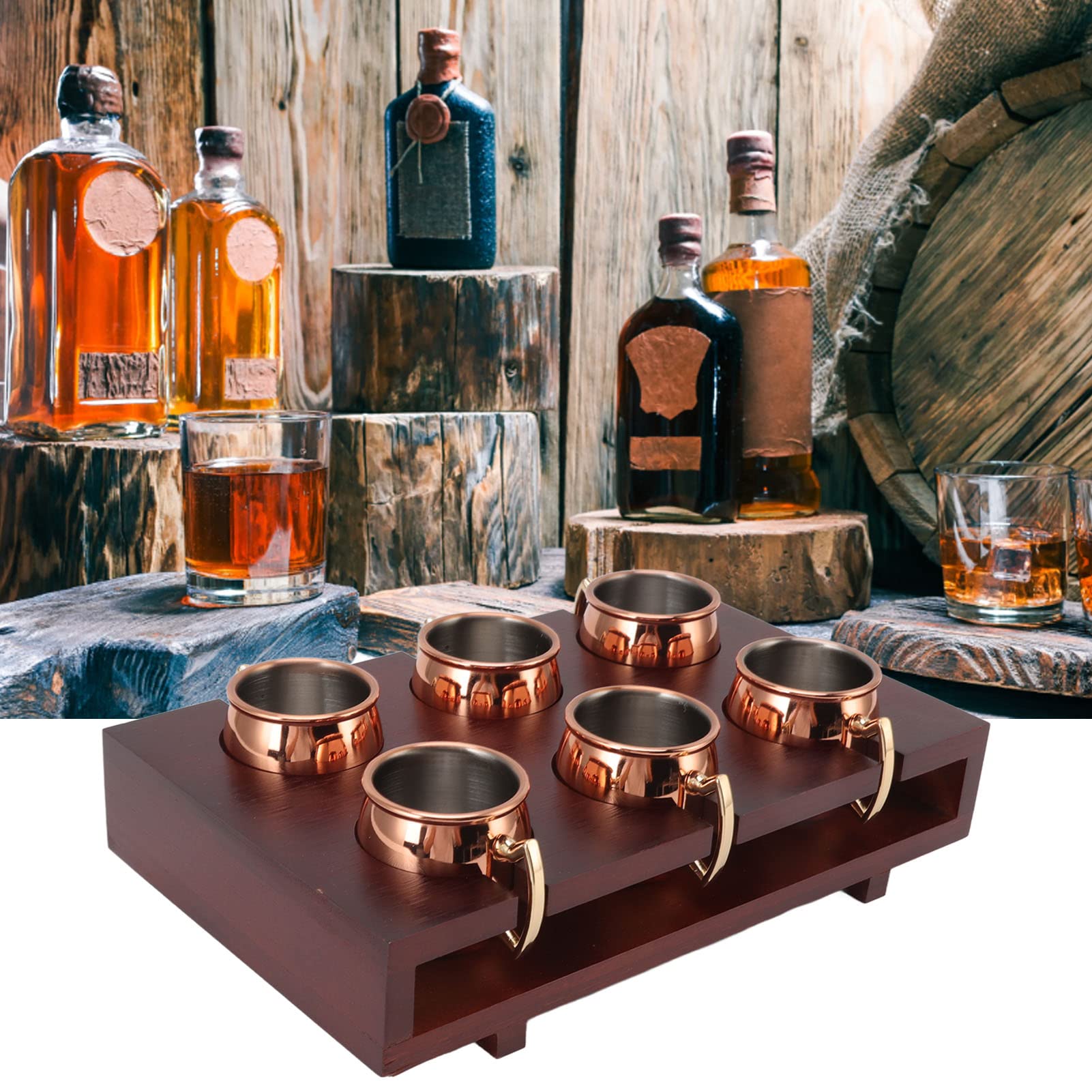 Solid Moscow Mule Mugs, 6PCS Rose Gold Stainless Steel Shot Cups with Wooden Tray Holder Mini Bar Shot Glass Insulated Cocktail Mugs for Ice Cold Drinks