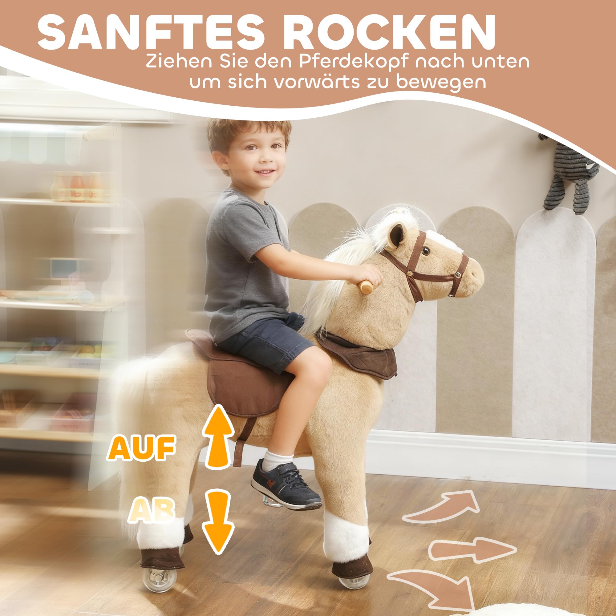 AIYAPLAY Reitpferd, Spielpferd zum Reiten mit Sattel Rollen, 80 cm Stehpferd, Plüschpferd für Kinder 3-5 Jahre, bis 25 kg, Braun