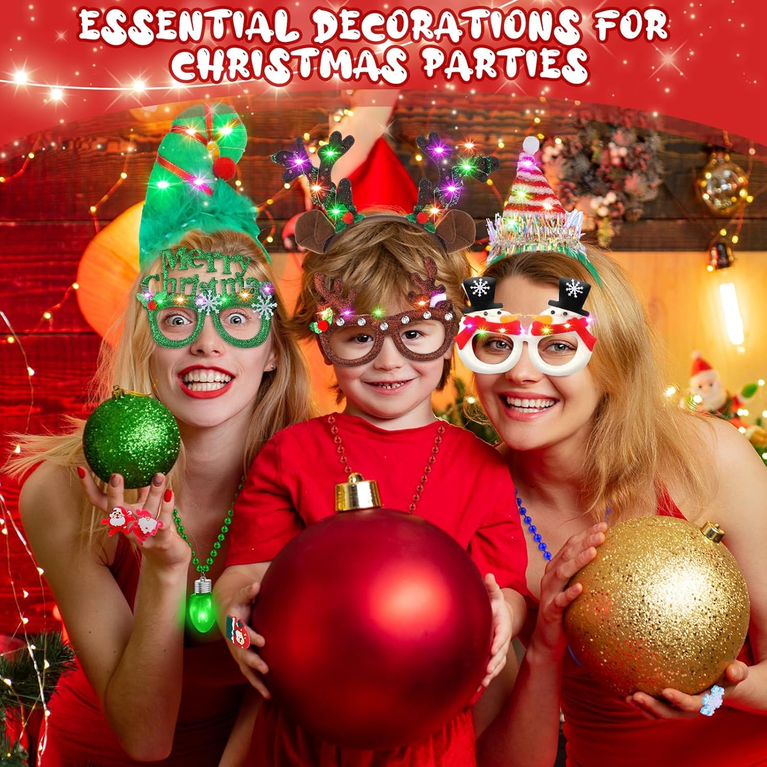 Hiboom 18 Pcs Christmas Light up Party Favors Includes LED Flashing Christmas Lighted Headbands Necklaces Glasses Holiday Glowing Accessories Light Jewelry for Kids Women Xmas New Year Party