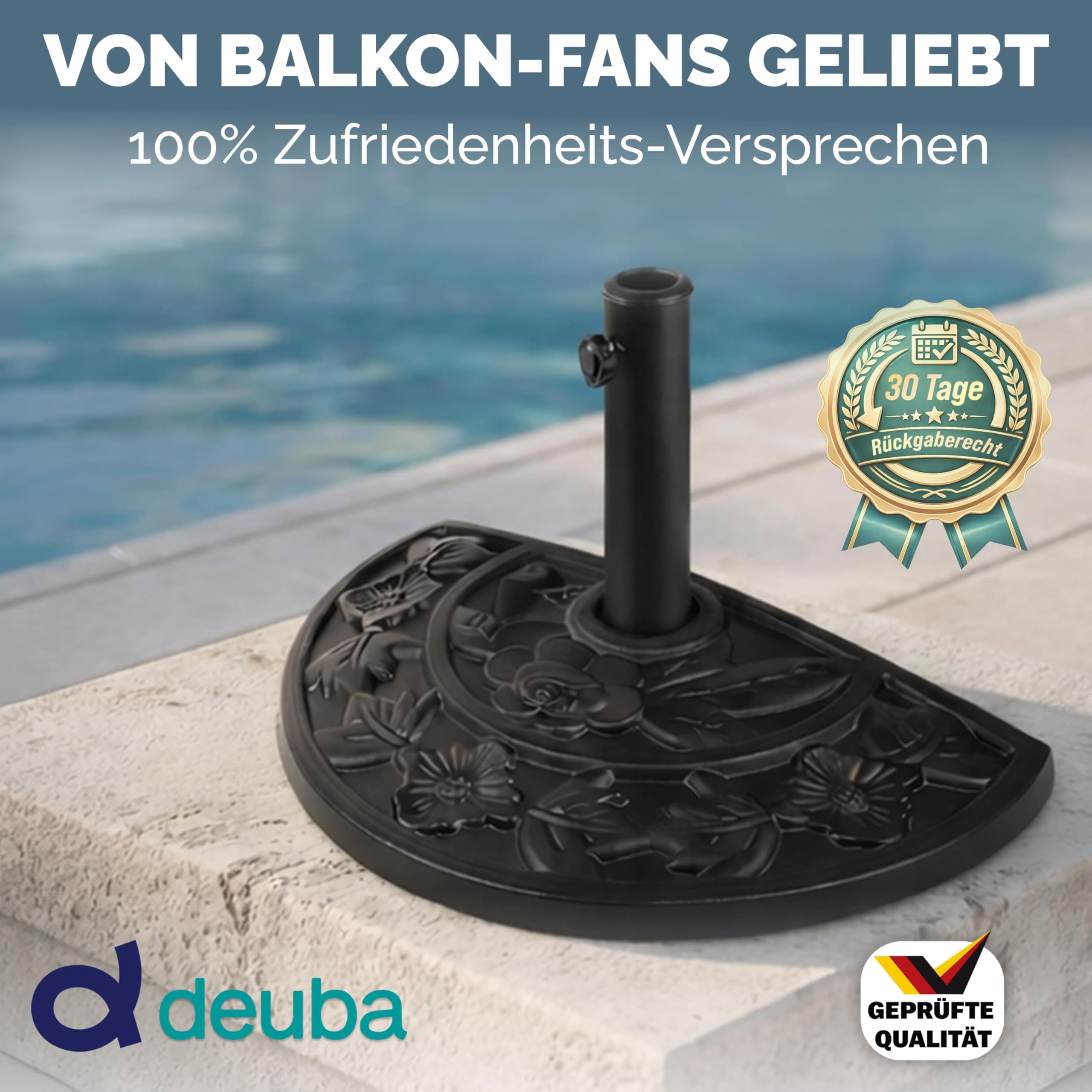 Deuba® Sonnenschirmständer halbrund Balkon Terrasse 9 kg Blumen Design schwarz Gussoptik wetterfest Schirmständer Balkonschirm Terrassenschirm Ständer