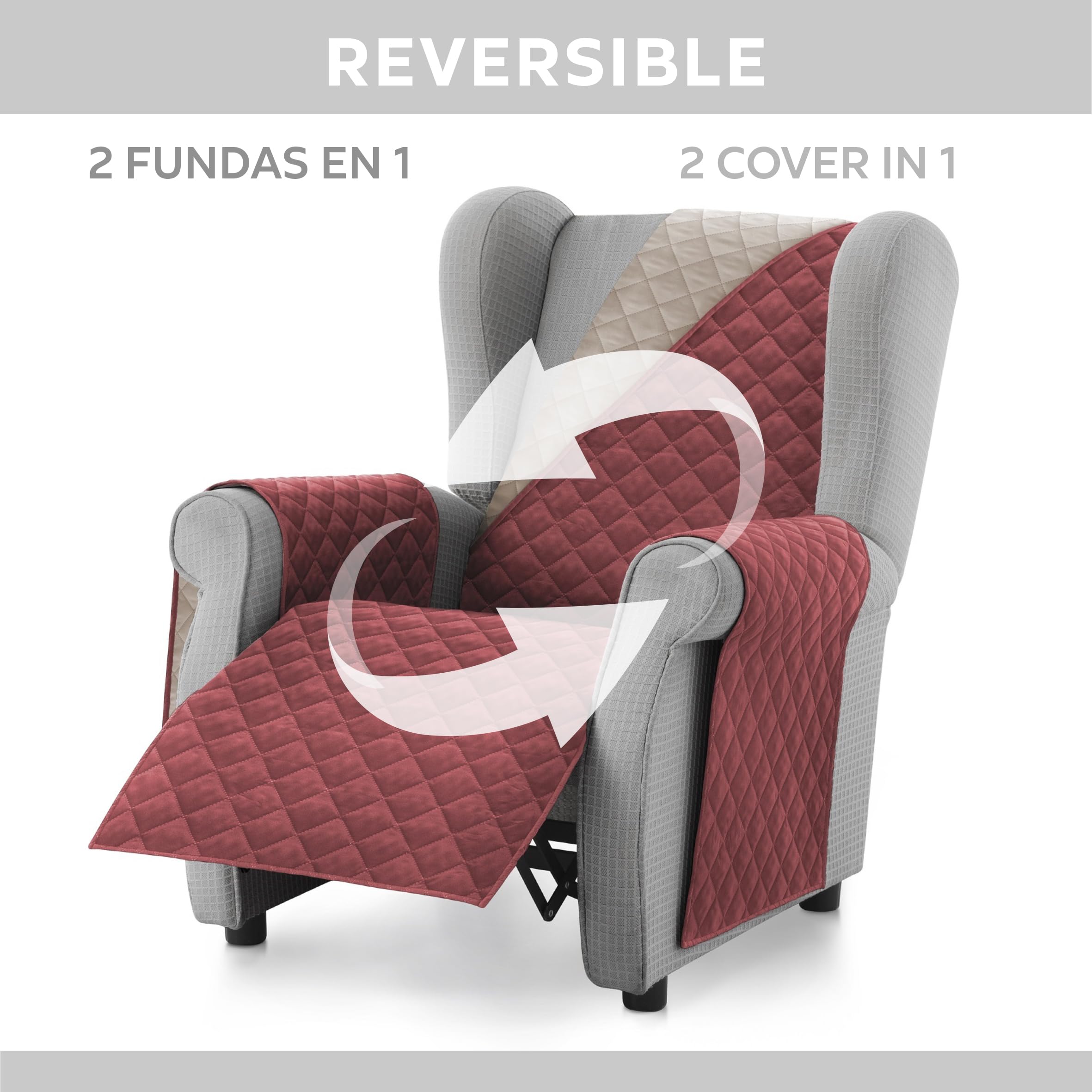 Textilhome Copridivano Malu 1 Posti con Braccioli – Copripoltrona Relax e Orecchioni Reversibile, Imbottito, Protezione Antigraffio per Divani, Colore Rosso