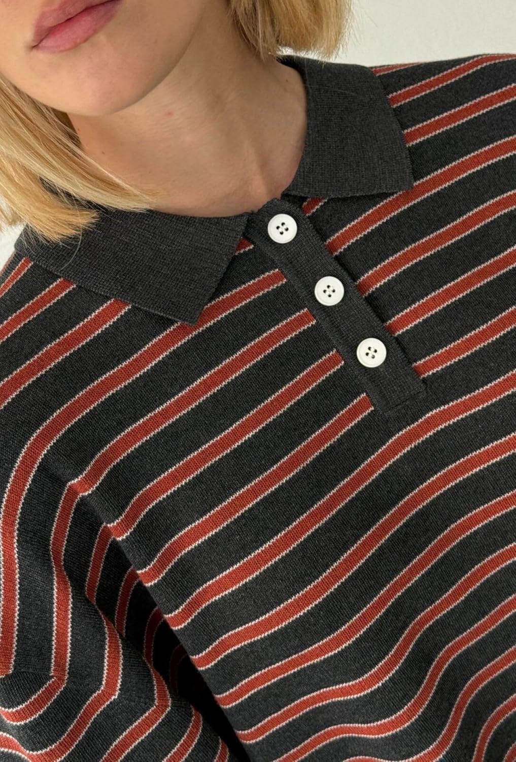 Women Y2K Oversized Striped Polo Sweater Vintage Aesthetic Preppy Knit Pullover Tops Long Sleeve Golf Rugby Sweater - Image 4