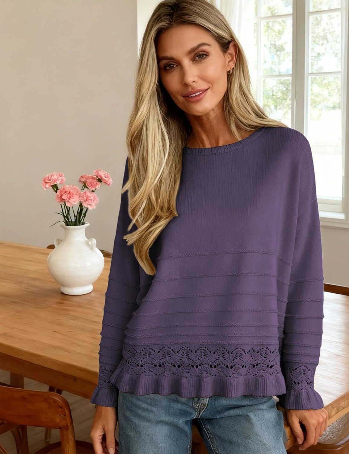 Yeokou Womens Pullover Sweater Round Neck Ruffled Hem Knit Crochet Long Sleeve Winter Spring Casual Top Outfits - Image 6