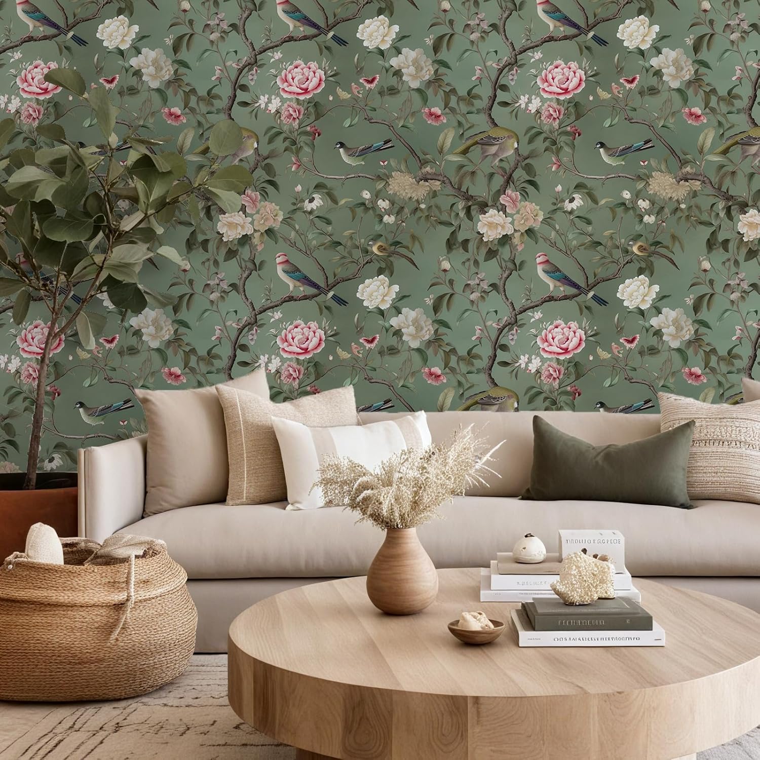 VEELIKE Retro Green Peonies Bird Wallpaper Peel and Stick Vintage Chinoiserie Floral Wallpaper for Bathroom Bedroom Farmhouse 17.7''x354'' Self Adhesive Contact Paper Green Floral Wall Paper Removable