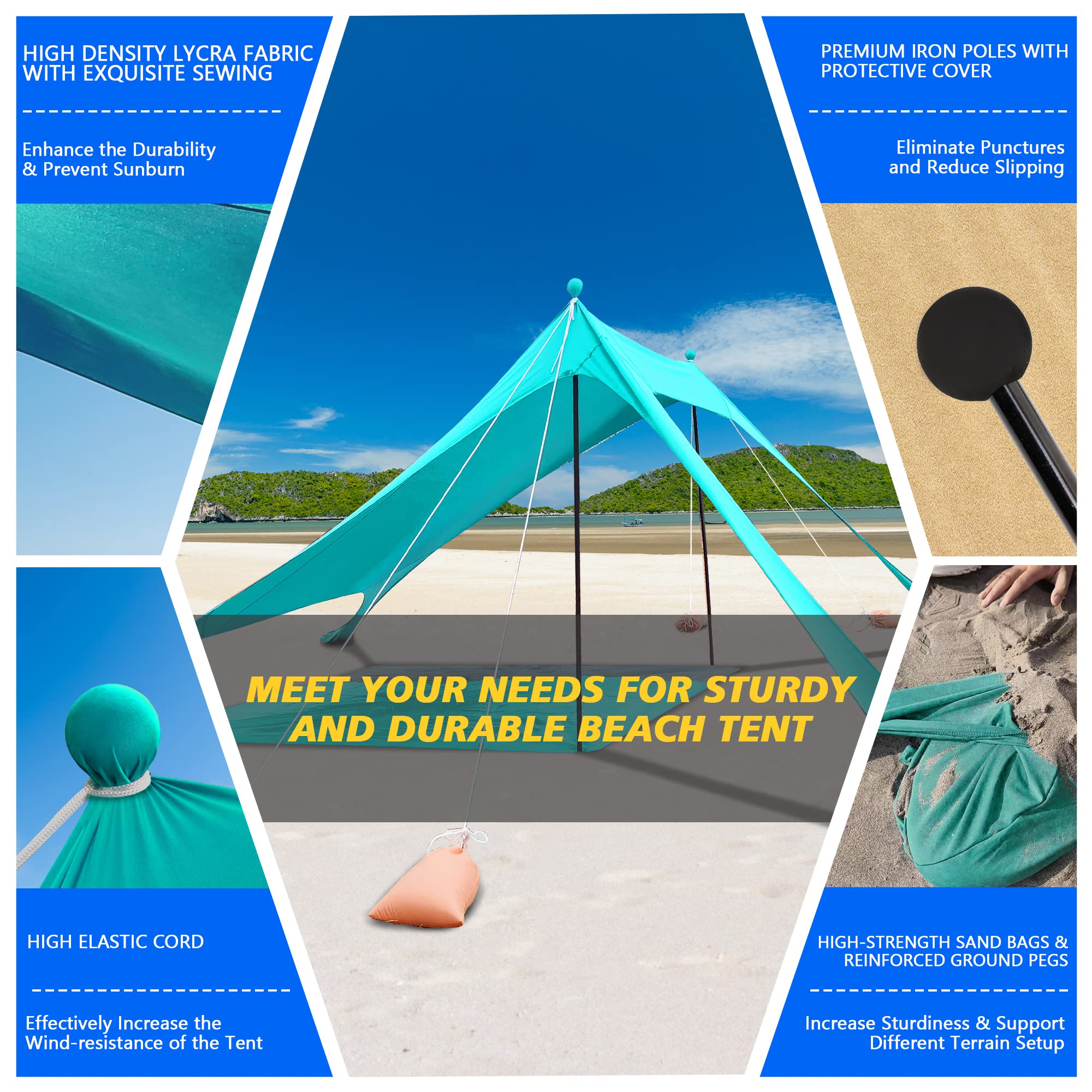 Tenda da spiaggia, parasole portatile, con protezione UV UPF 50+, ancoraggio a sabbia e aste in alluminio per spiaggia, cortili, campeggio, pesca e picnic, 2 x 2 x 2 m, verde blu