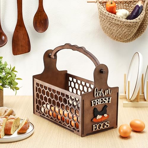 Miniatura 3 de Suzile Cesta de huevos de madera rústica, cesta de huevos de alambre de madera de pollo, cesta de huevos estilo granja, soporte para huevos de
