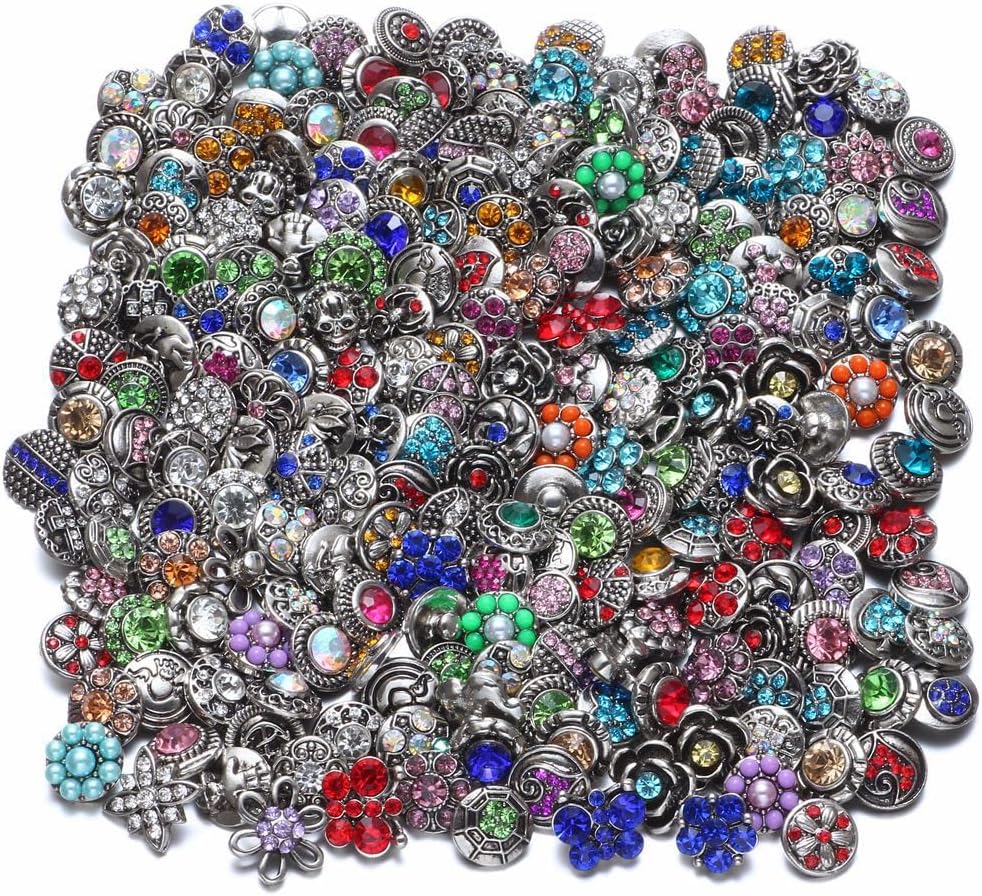 Wholesale Mix Of 12mm Snap Button Mini Rhinestone Charms - For Snap Jewelry Making, Multi-Color, Acrylic & Alloy