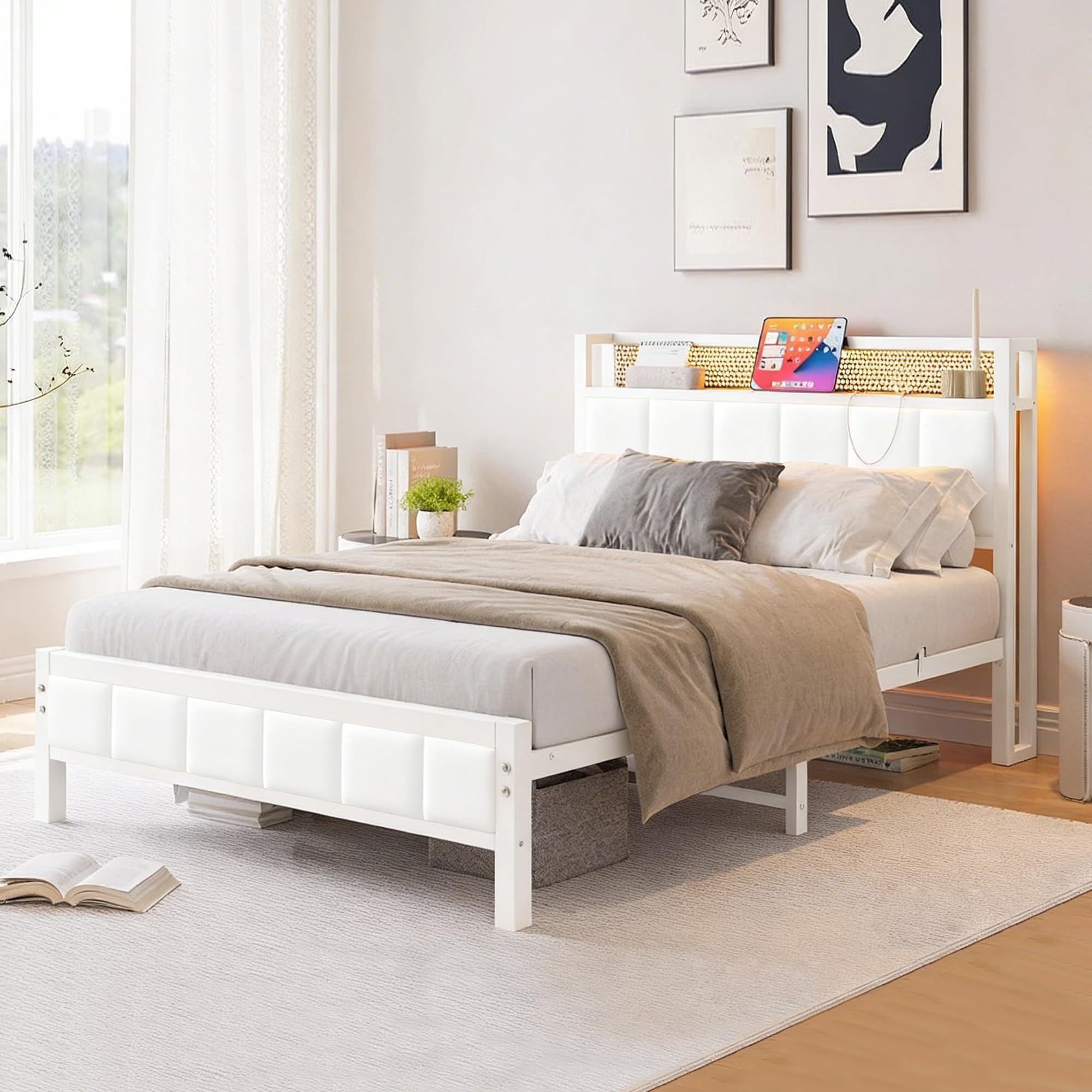 MOFLUT 3ft Upholstered Single Bed Frame with Storage Headboard, USB & LED
