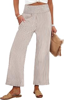 ANRABESS Womens Striped Gingham Palazzo Pants | Wide Leg Smocked High Waisted Cropped PJ Bottoms, Lounge & Casual, Summer Fall Comfy Cute Pants with Pockets