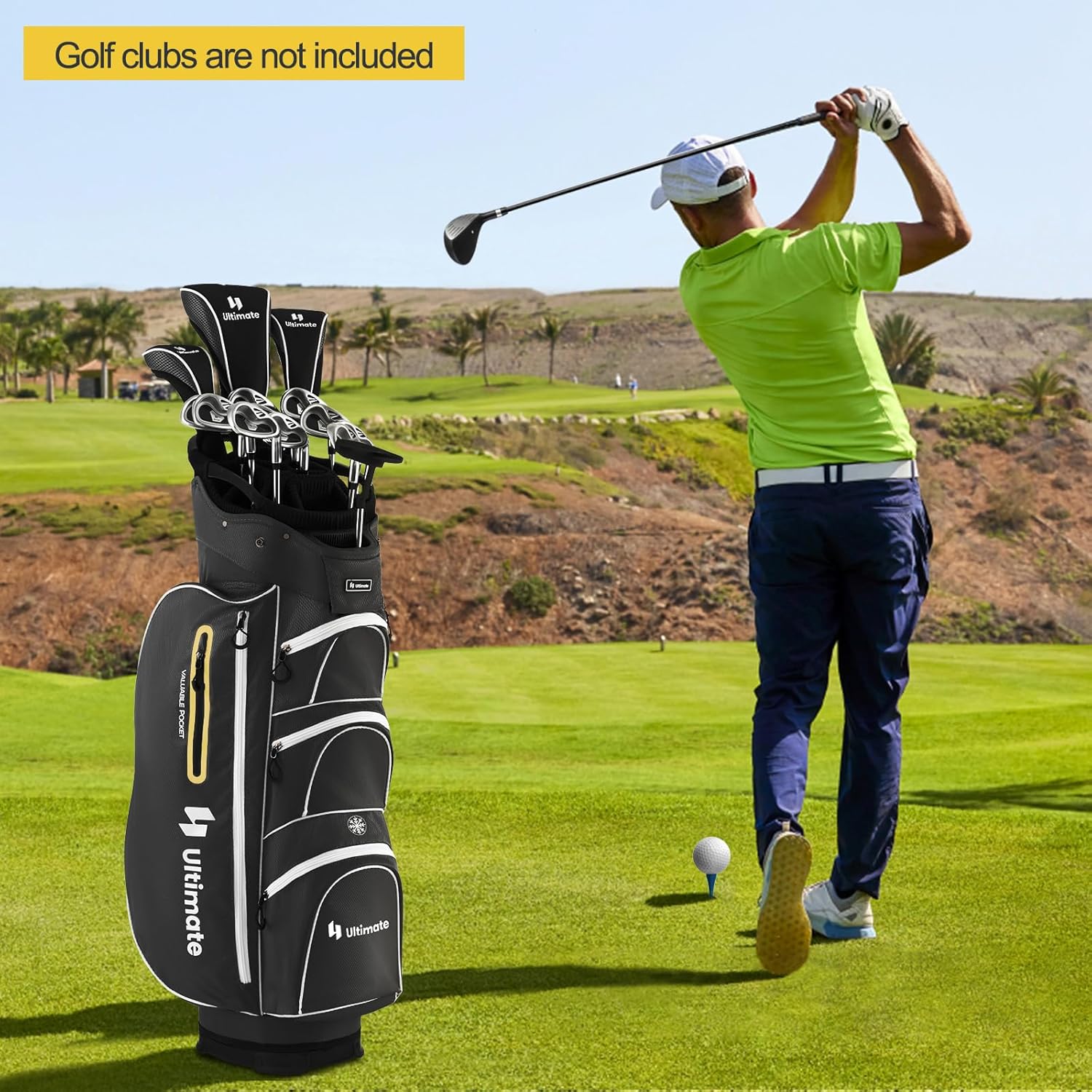 GYMAX Golf Cart Bag, 15-Way Divider with 7 Pockets, Rain Hood, Umbrella Holder & Gloves Stickers, Unisex Adults Golf Clubs Bag