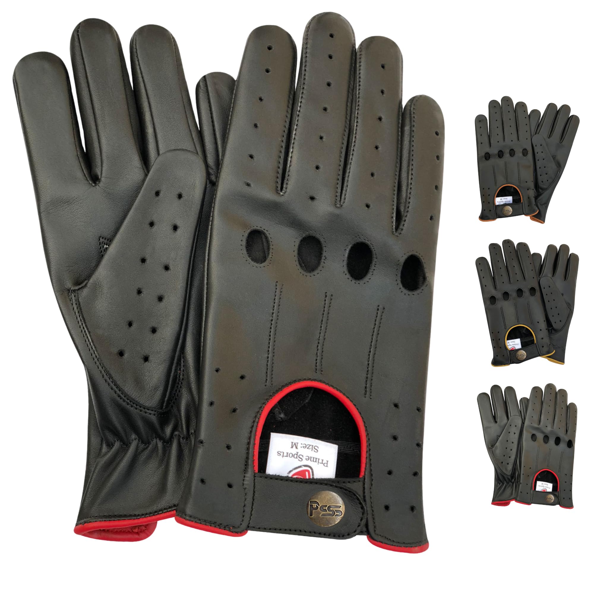 Prime Leather Men's Black With Red Piping Genuine Leather Driving Classic String Black Gloves With 4 Holes 507 With Yellow & Brown Piping (, M)