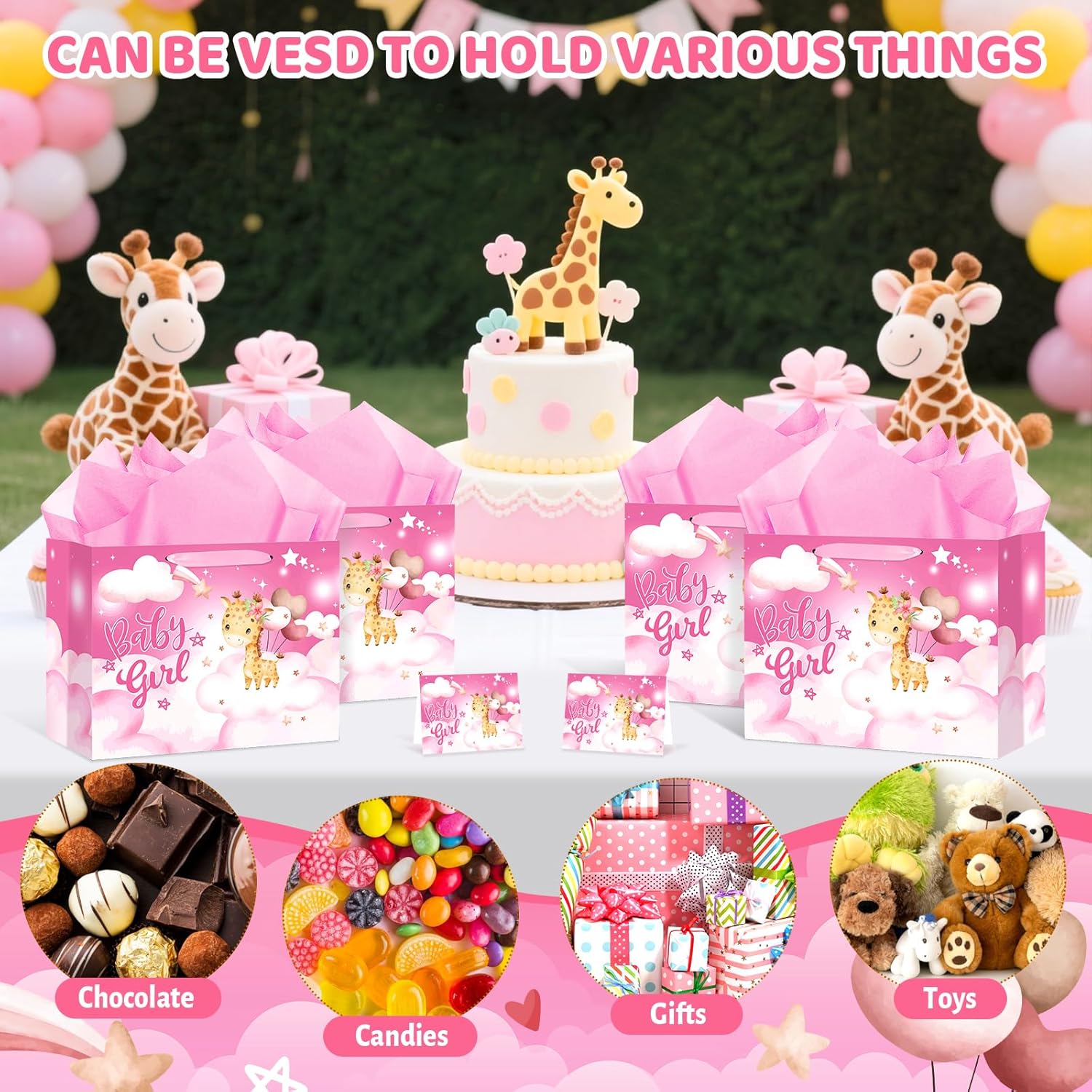 Neptniopllab Pink Giraffe Gift Bag with Tissue Paper & Card – Safari Jungle Animal Party Favor Bag for Baby Girl's Newborn Birthday or Baby Shower Celebration - Image 4