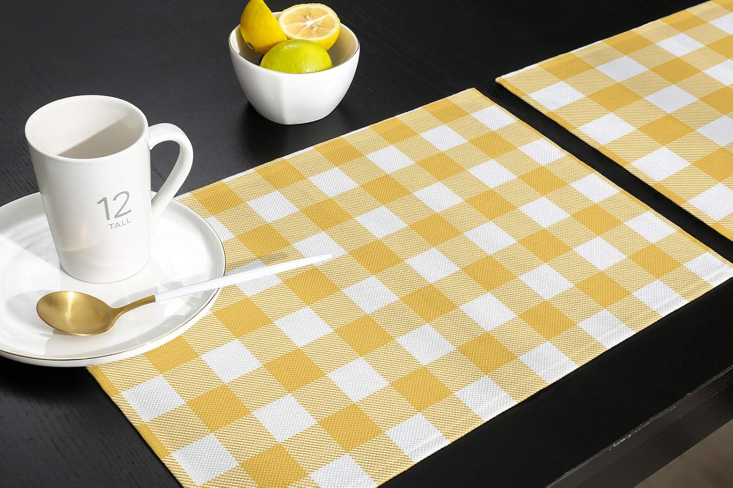 Spring Buffalo Plaid Yellow Indoor Placemat Set of 6, Non-Slip Placemats for Kitchen/Dining Table/BBQ/Patio/Parties, 12"x18" Washable Durable Cotton-Linen Table Mats, Farmhouse Checkered Symmetrical