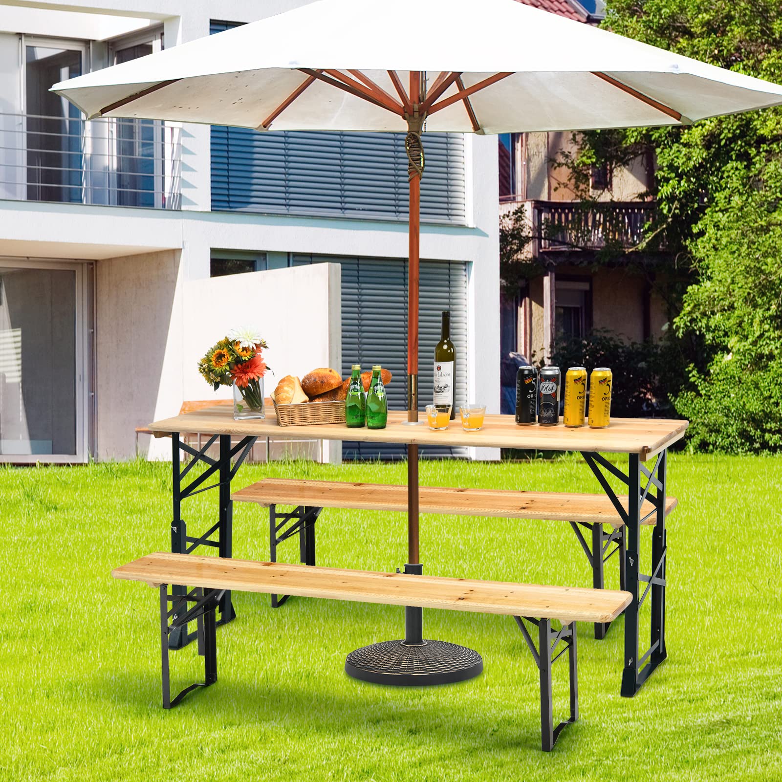 COSTWAY Tavolo da Picnic Pieghevole, Tavolo da Campeggio in Legno, con Altezza Regolabile, con Foro per Ombrellone, 168,5 x 50 x 75/105 cm, Portata 50 kg