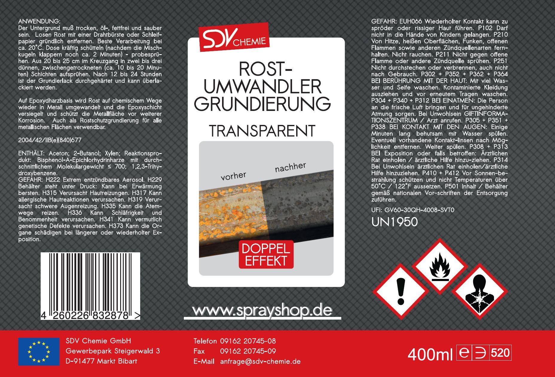 SDV Chemie Rostumwandler Spray 12x 400ml Anti Rostspray 2in1 | Rostsanierer und Grundierung