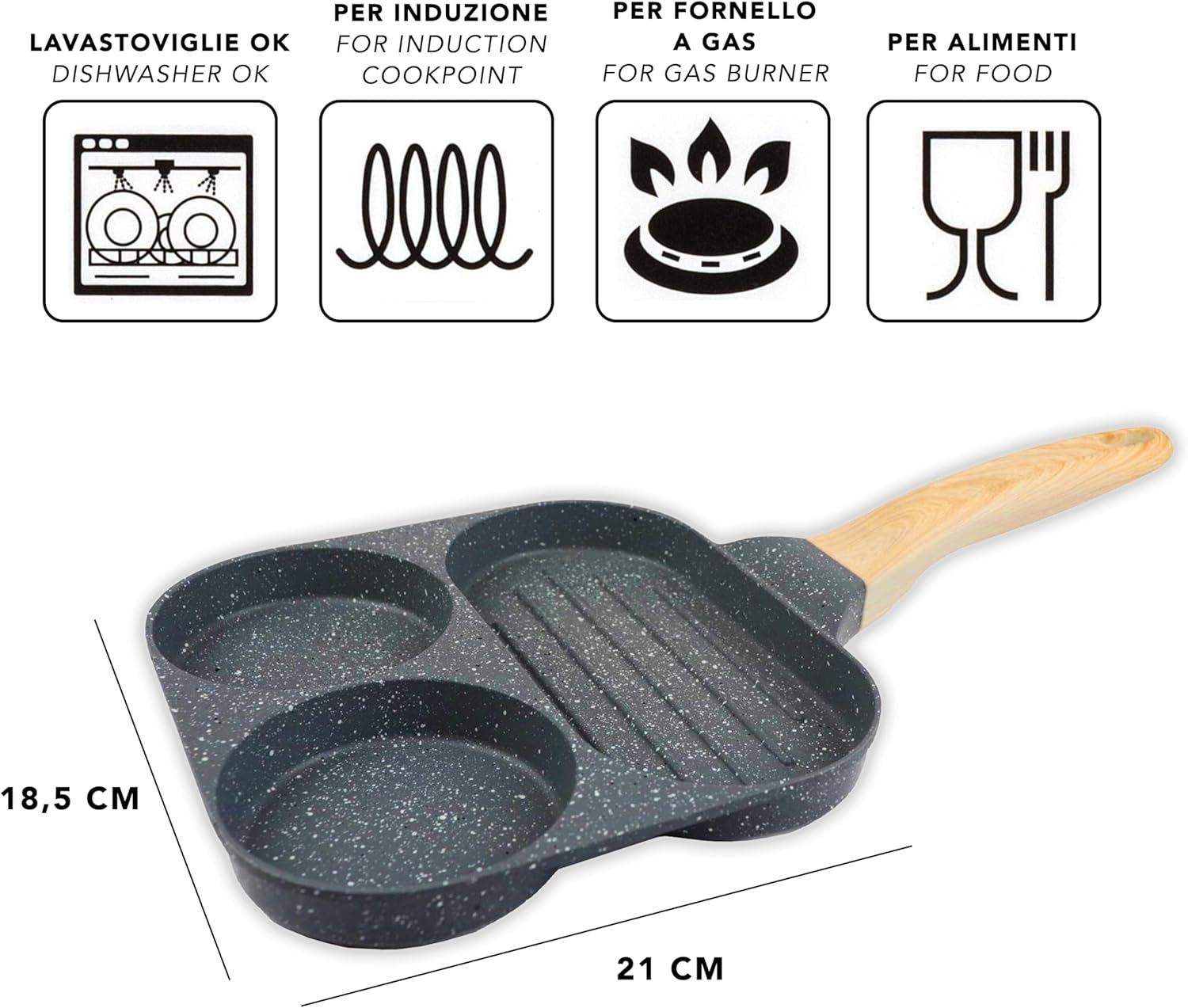 Non-Stick Pancake Pan for Induction and Gas – 21 cm – Aluminium Non-Stick Frying Pan for Omelet, Crepes, Eggs, Burgers – Kitchen Pan with 4 Moulds – Super Comfort Handle