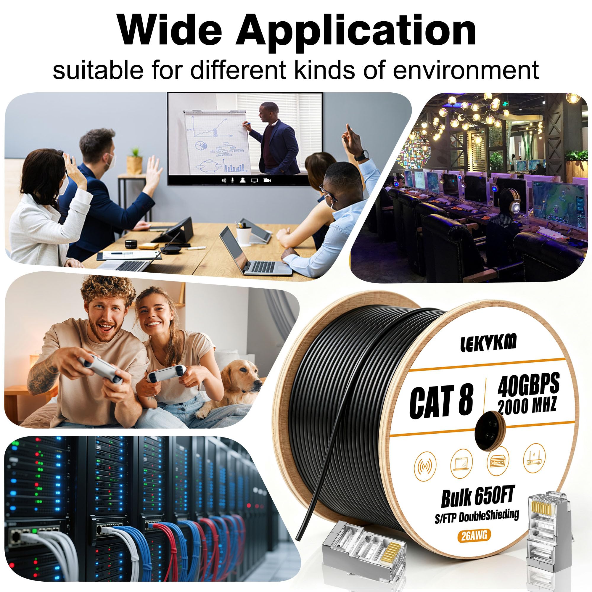 Cable Ethernet Cat8 de 650 pies S/FTP para exteriores e interiores, cable de red LAN Cat8 de alta velocidad, 40 Gbps 2000 MHz con conector RJ45 chapado en oro, resistente a la intemperie, para