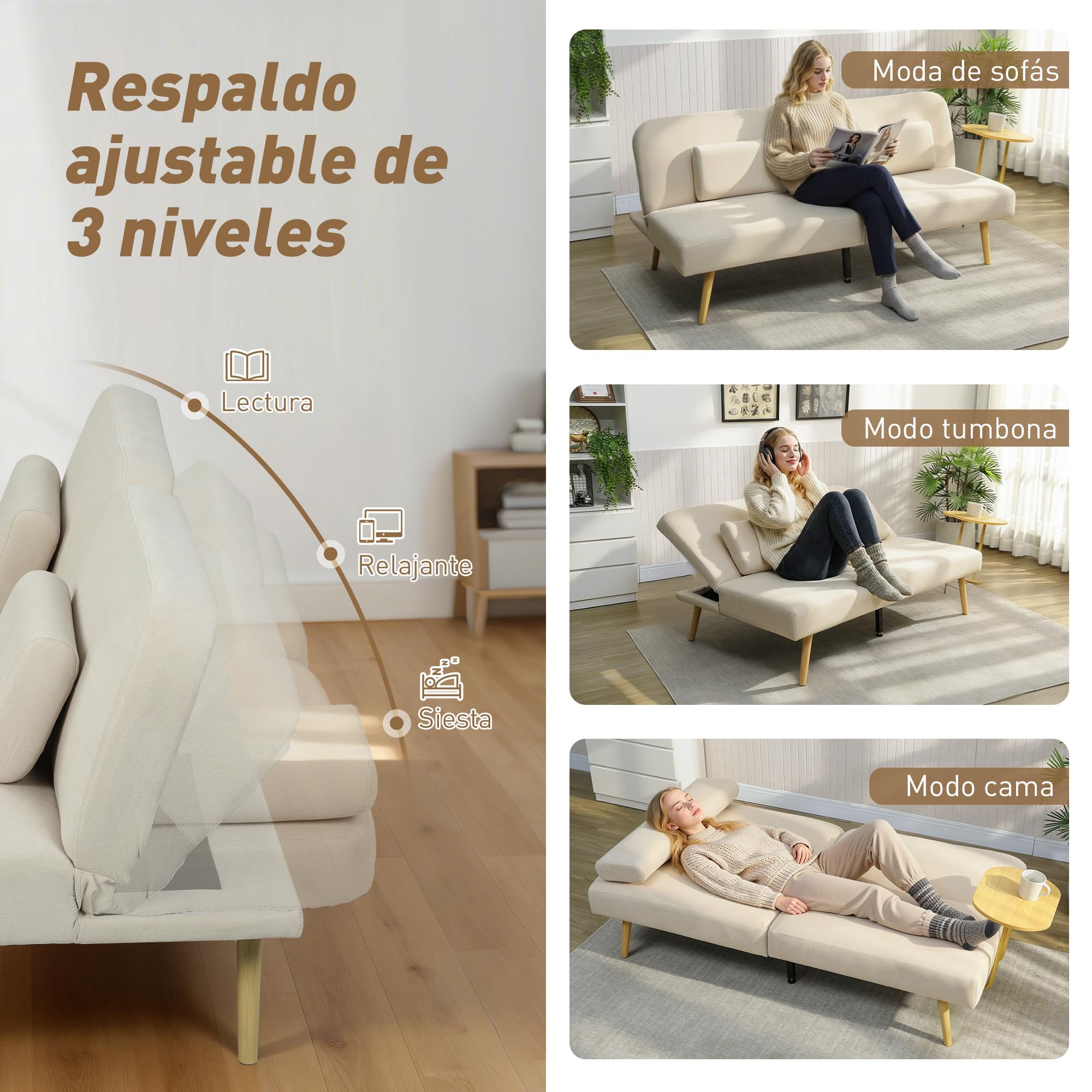 HOMCOM Sofá Cama de 3 Plazas con Mesa Auxiliar, 3 en 1, Sofá Cama Convertible con Respaldo Ajustable, Apertura Clik-Clak, 2 Almohadas para Reposabrazos y Patas de Metal, 196x86x81 cm, Beige